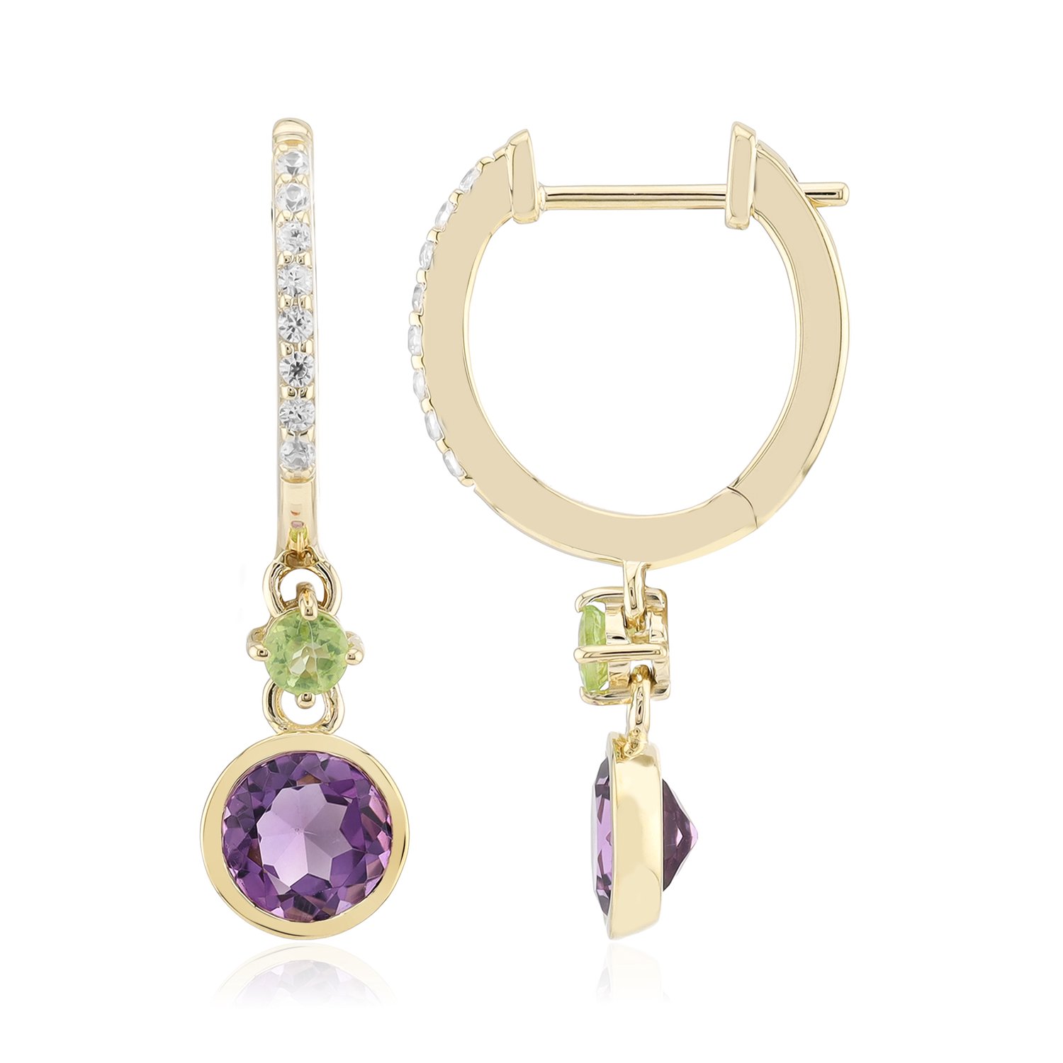 Cavill - 9K Geelgouden Oorbellen met AAA Amethisten en Peridot - Ronde Edelstenen - Luxe Paarse Oorbellen voor Avondkleding - 1,53 Ct Total