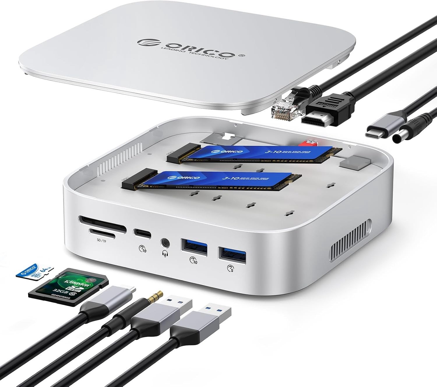 MiniRaid Dual-Bay M.2 NVMe/SATA SSD Behuizing met 10-in-1 Docking Station voor Mac mini, RAID 0/1, USB-C Hub, HDMI 4K, 10Gbps, PD60W, SD/TF Kaartlezer, RJ45 Verbinding