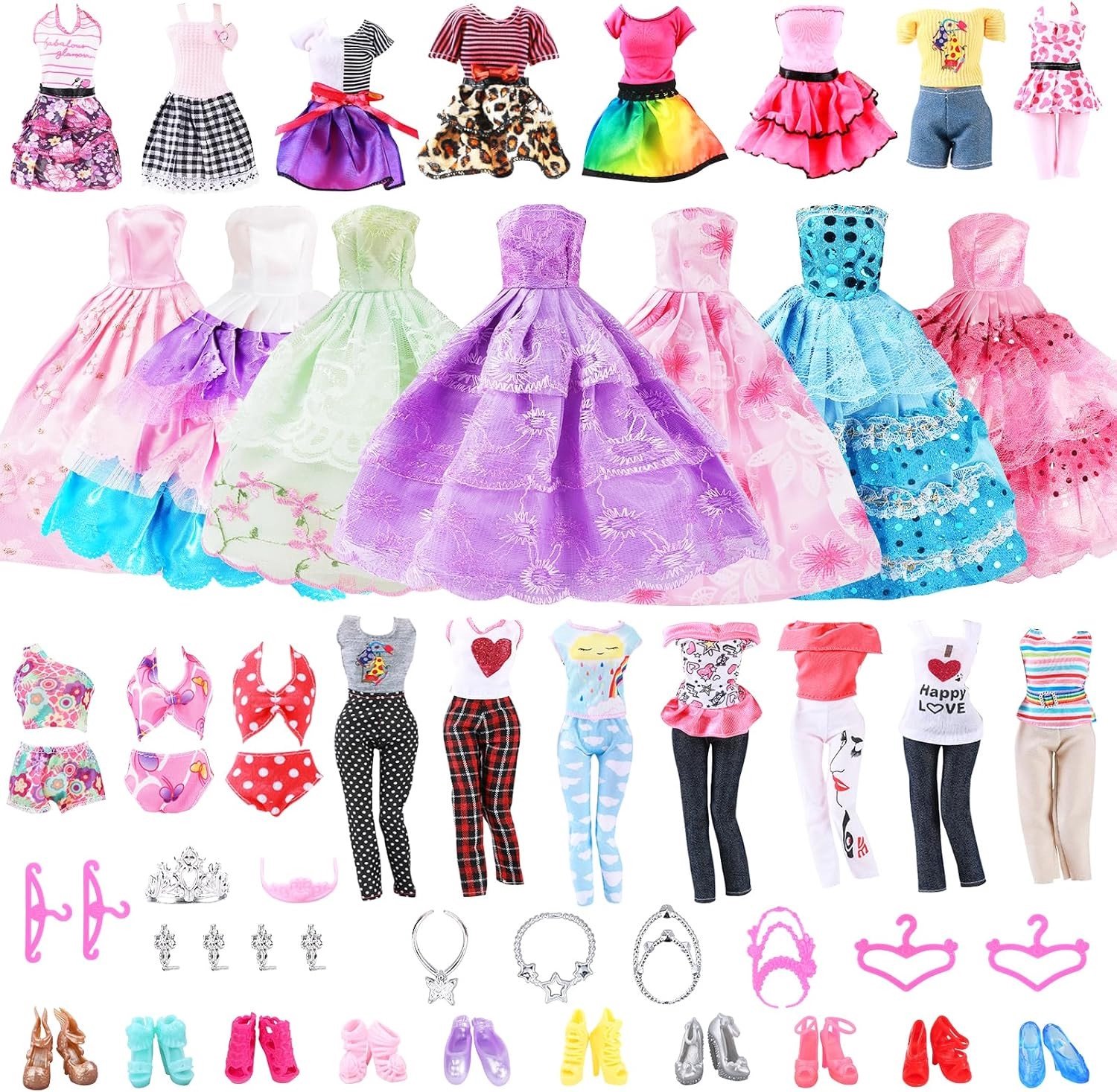 Doll kleding en accessoires set van 32 stuks met jurken, tops, broeken, bikinis, tassen, schoenen en sieraden voor 30 cm poppen