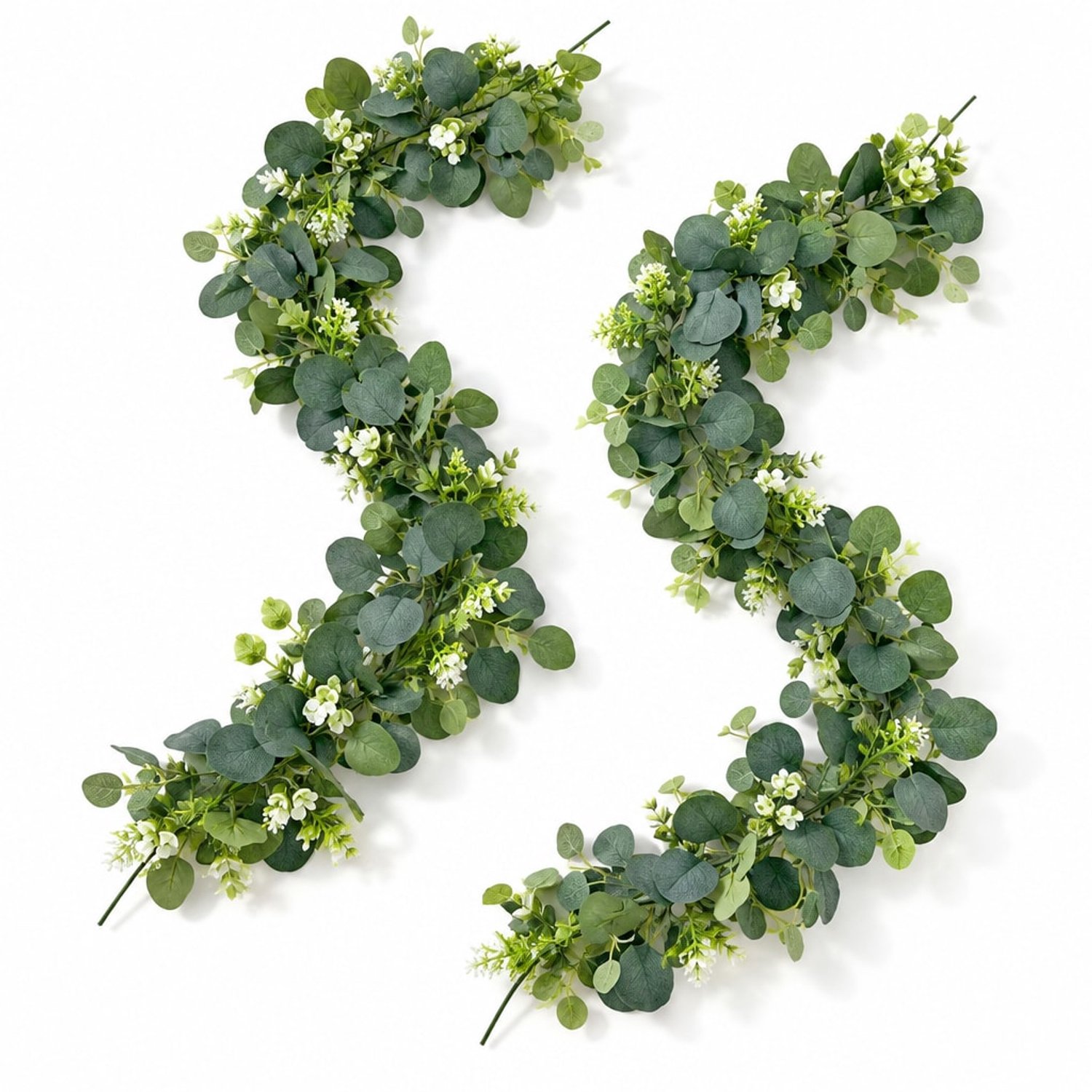 YYchan Kunstplant Eucalyptus Slinger met Witte Bloemen - Set van 2 - Groen