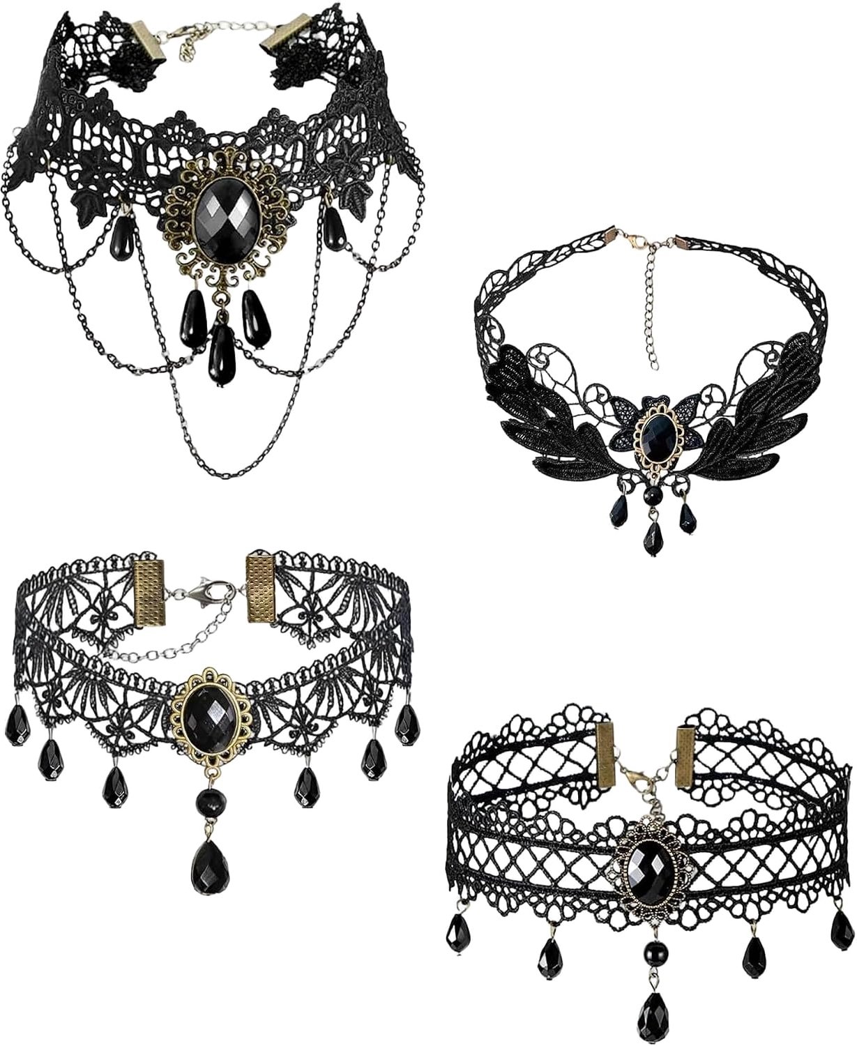 Gothic Necklaces, 4 Pieces, Black, Sexy Lace Choker, Fancy Dress, Venetian Ball, for Women and Girls, Cosplay Vampire - ShopVlot