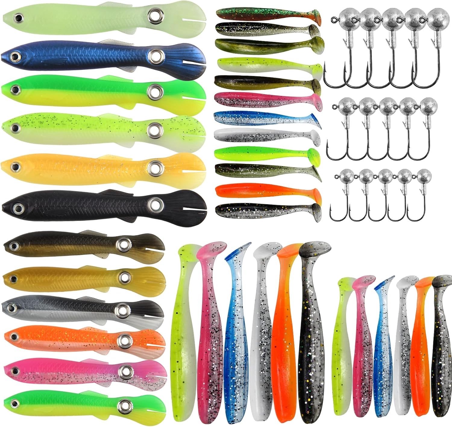 Complete Visaaset met 15 Jigkoppen en 36 Rubber Vissen, Ideaal voor Zoet- en Zoutwater, Inclusief Bait Box voor Effectieve Vistrips