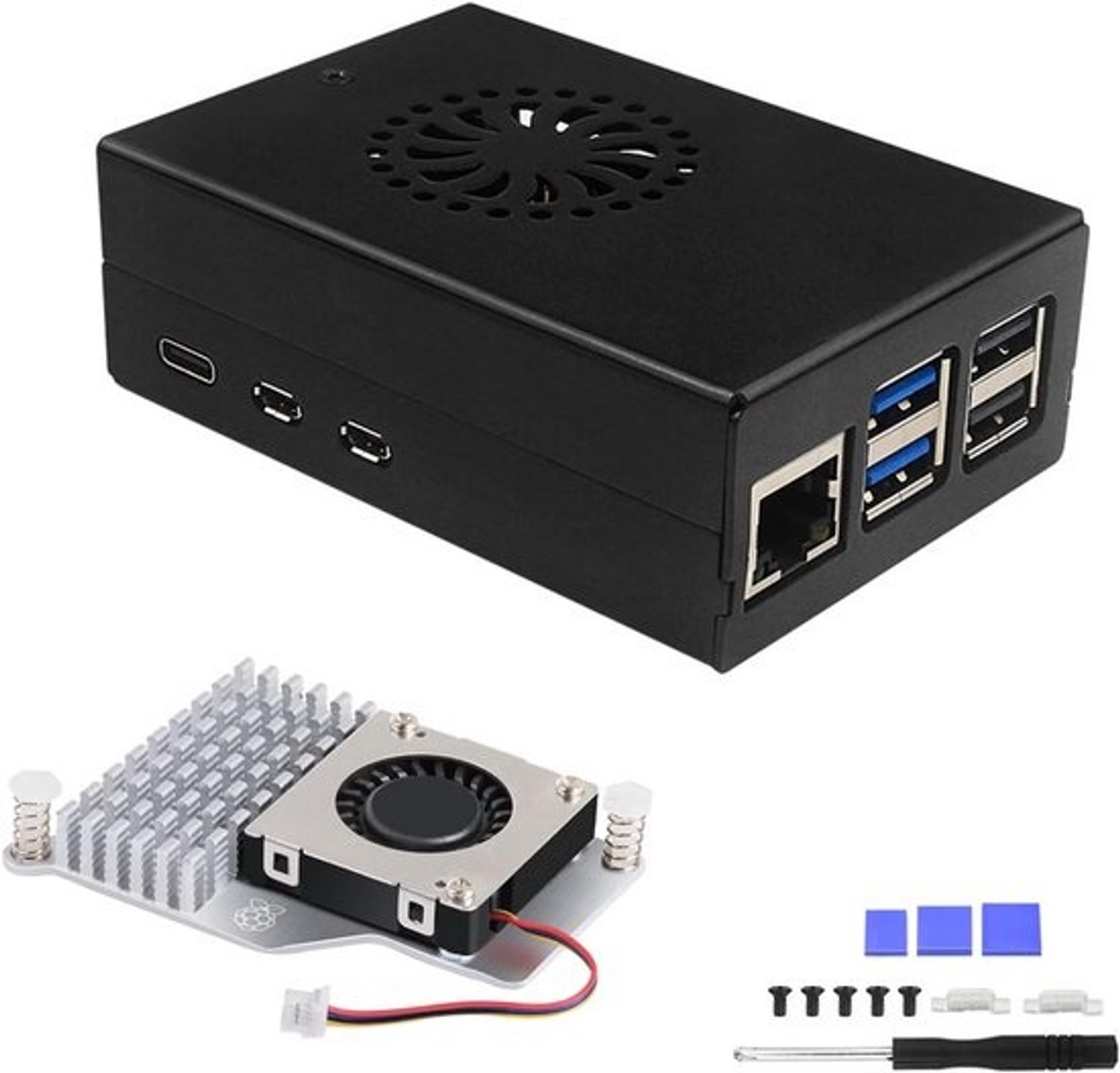 Raspberry Pi 5-behuizing 9 x 6 x 3 cm aluminium met ventilator actieve koeling voor temperatuurbeheersing