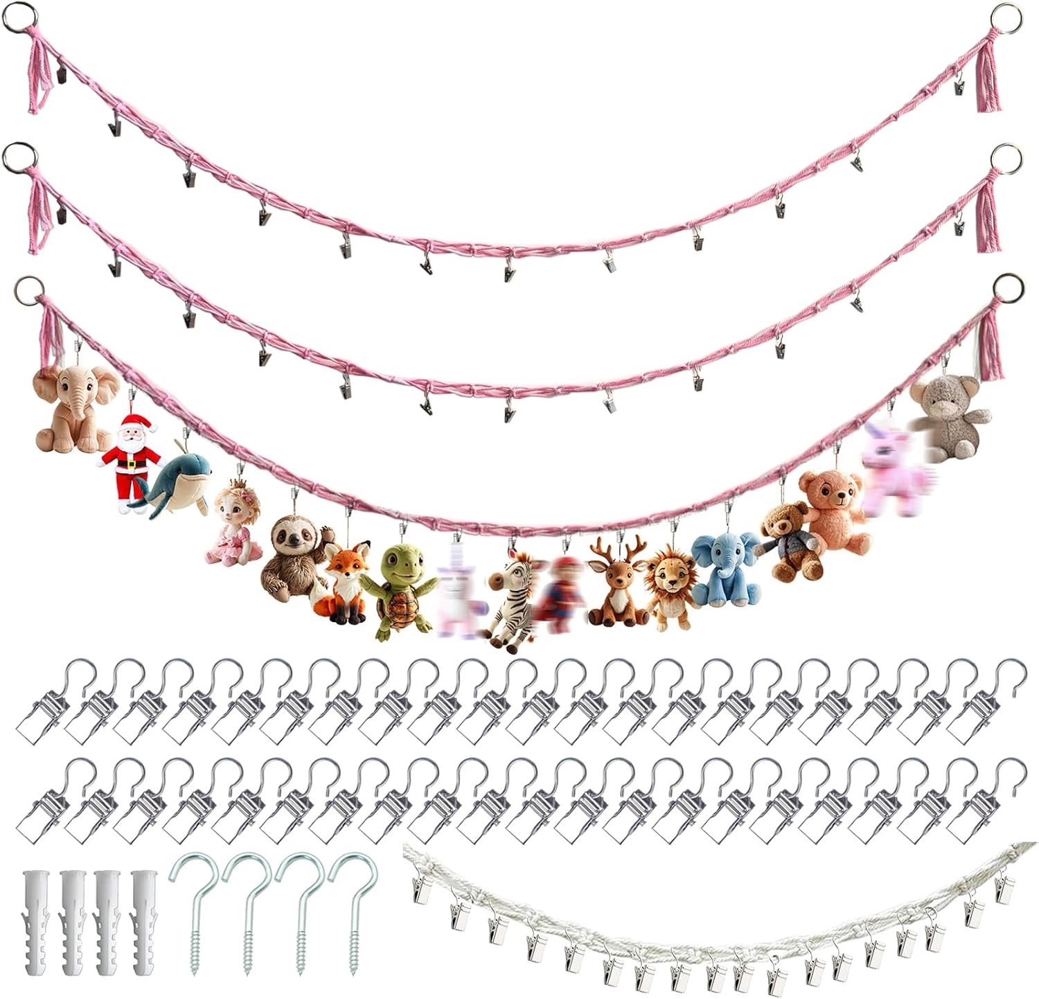 Set van 2 Pluche Hangnetten voor Opberging met 40 Clips en 2 Ringen - Speelgoed Organizer en Boho Wanddecoratie voor de Kinderkamer in Roze