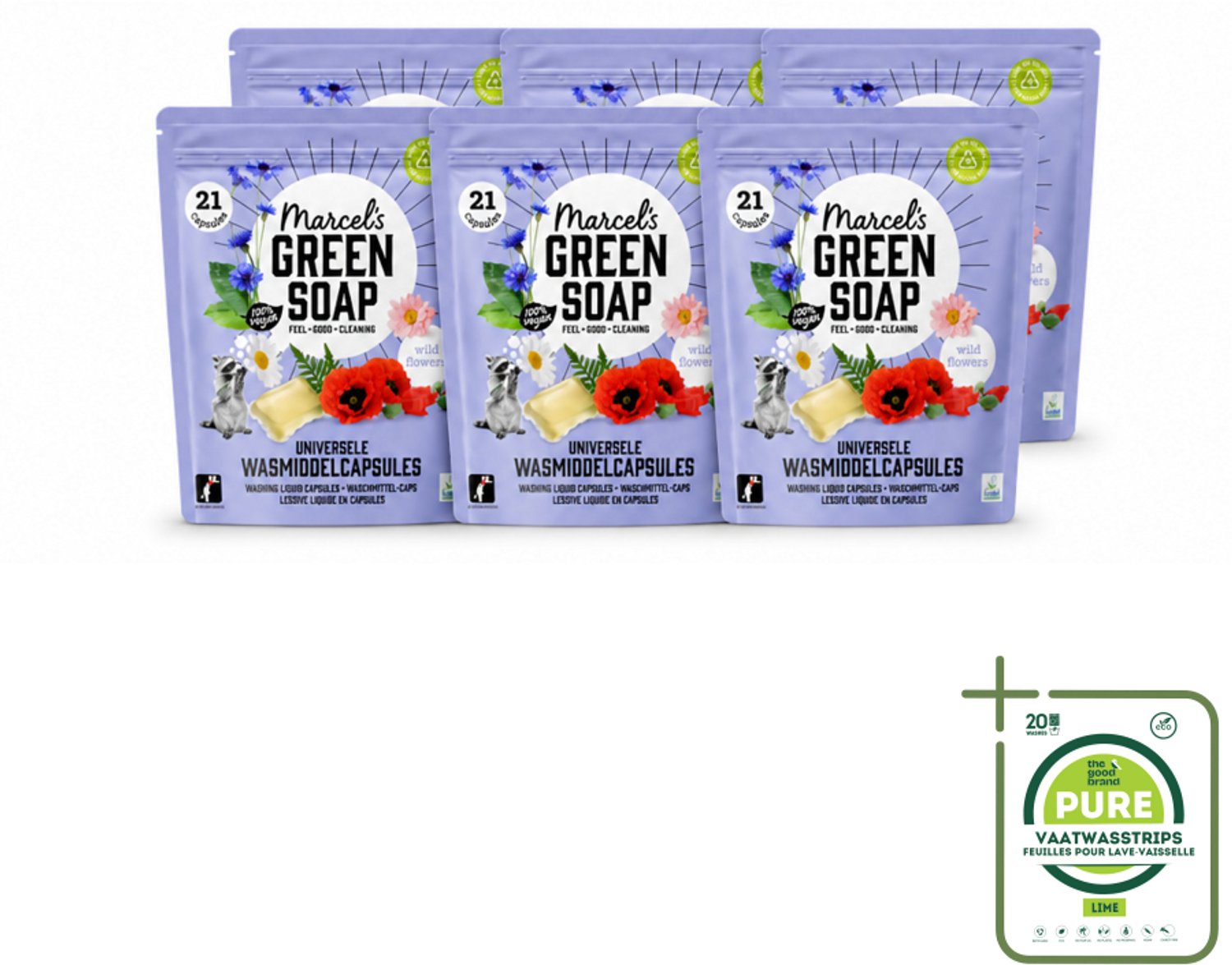 6 x Marcel's Green Soap - Wascapsules - Wilde Bloemen - Gemak in één dosis - 21 Capsules - Grootverpakking - Vaatwasstrips - Wascapsules - Wasgoed Reinigen - Natuurlijke Geur - Vegan Zeep - Milieuvriendelijk Wassen