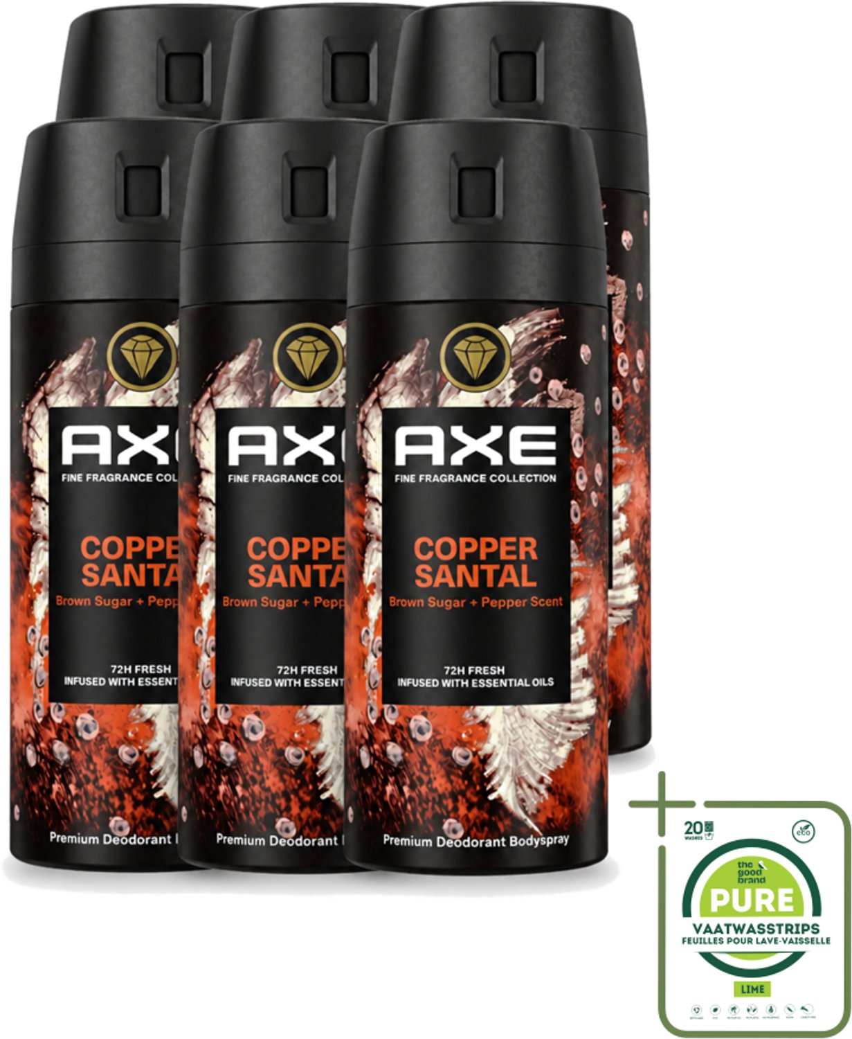 6 x AXE - Deodorant Spray - Copper Santal - Premium Geur - Warme Houtnoten - 150 m - Grootverpakking - Deodorant Spray - Geur - Sandelhout - Bruine Suiker - Zwarte Peper