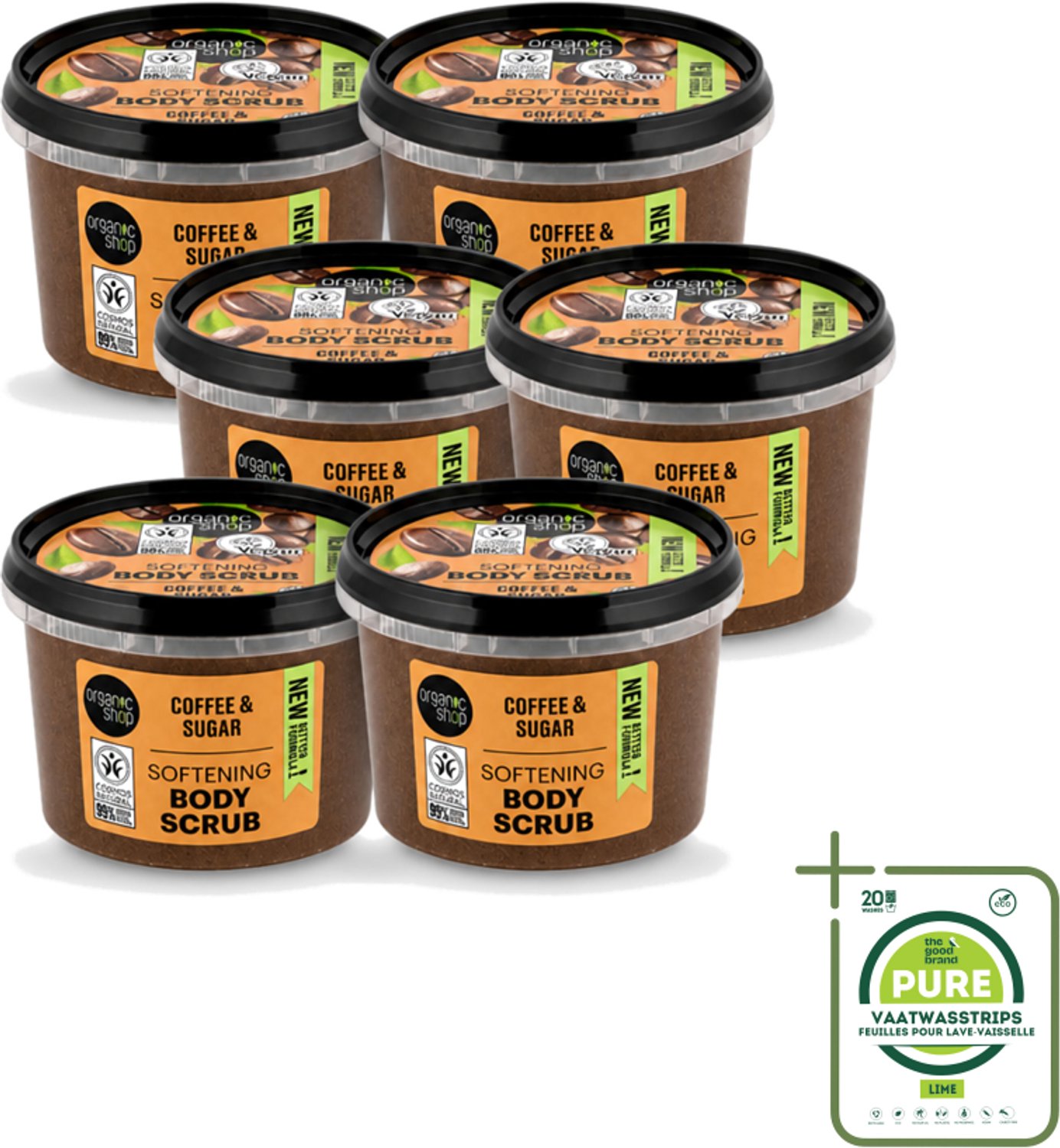 6 x Organic Shop - Organic Coffee & Sugar Body Scrub - Hydraterend en Peeling - 250 ml - Grootverpakking - Vaatwasstrips - Bodyscrub - Natuurlijke Peeling - Koffieolie - Suiker Peeling - Huid Verzorging