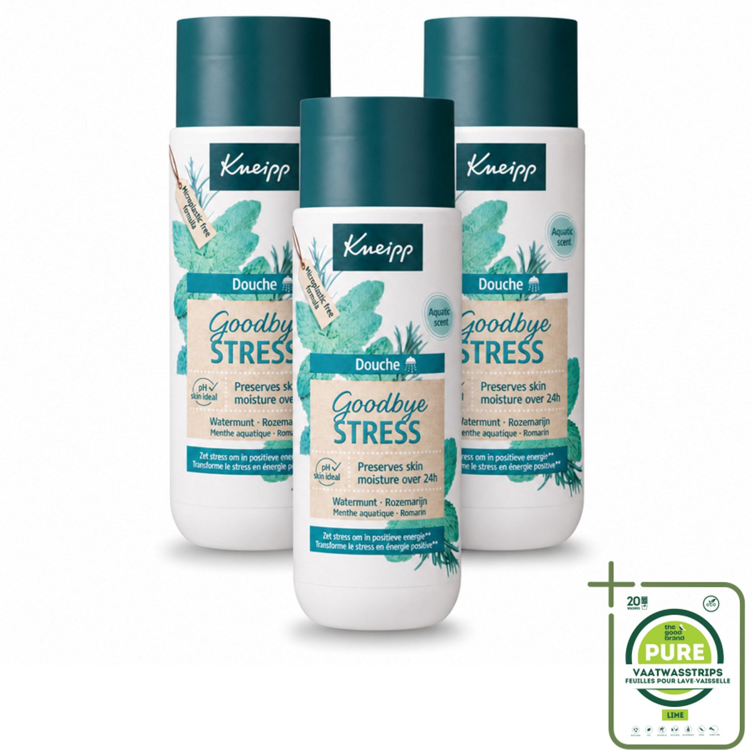 3 x Kneipp - Douchegel - Goodbye Stress - 200 ml - Grootverpakking - Vaatwasstrips - Stressverlichting - Energie - Watermunt - Rozemarijn - Douchegel