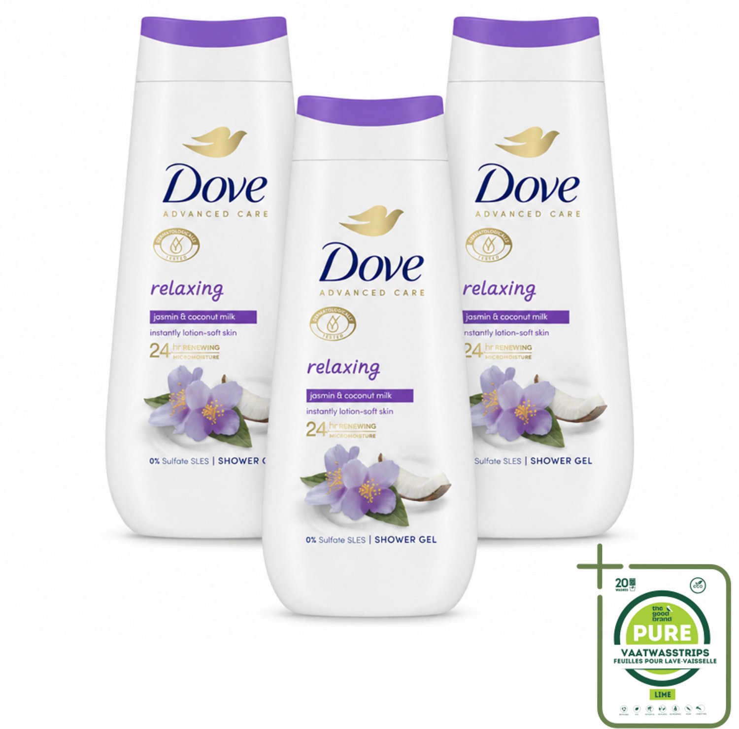 3 x Dove Douchecrème - Relaxing - Kokos & Jasmijn - 225 ml - Grootverpakking - Vaatwasstrips - Douchegel - Ontspannen Douche - Huid Verzorging - Hydratatie - Jasmijn Geur