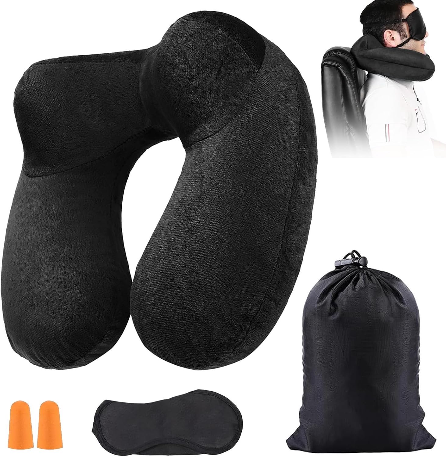 Opblaasbaar, reiskussen, reiskussen met slaapmasker + oordopjes + draagtas, super licht en draagbaar, ideaal voor vliegtuigstoel, auto, huis, kantoor, zwart