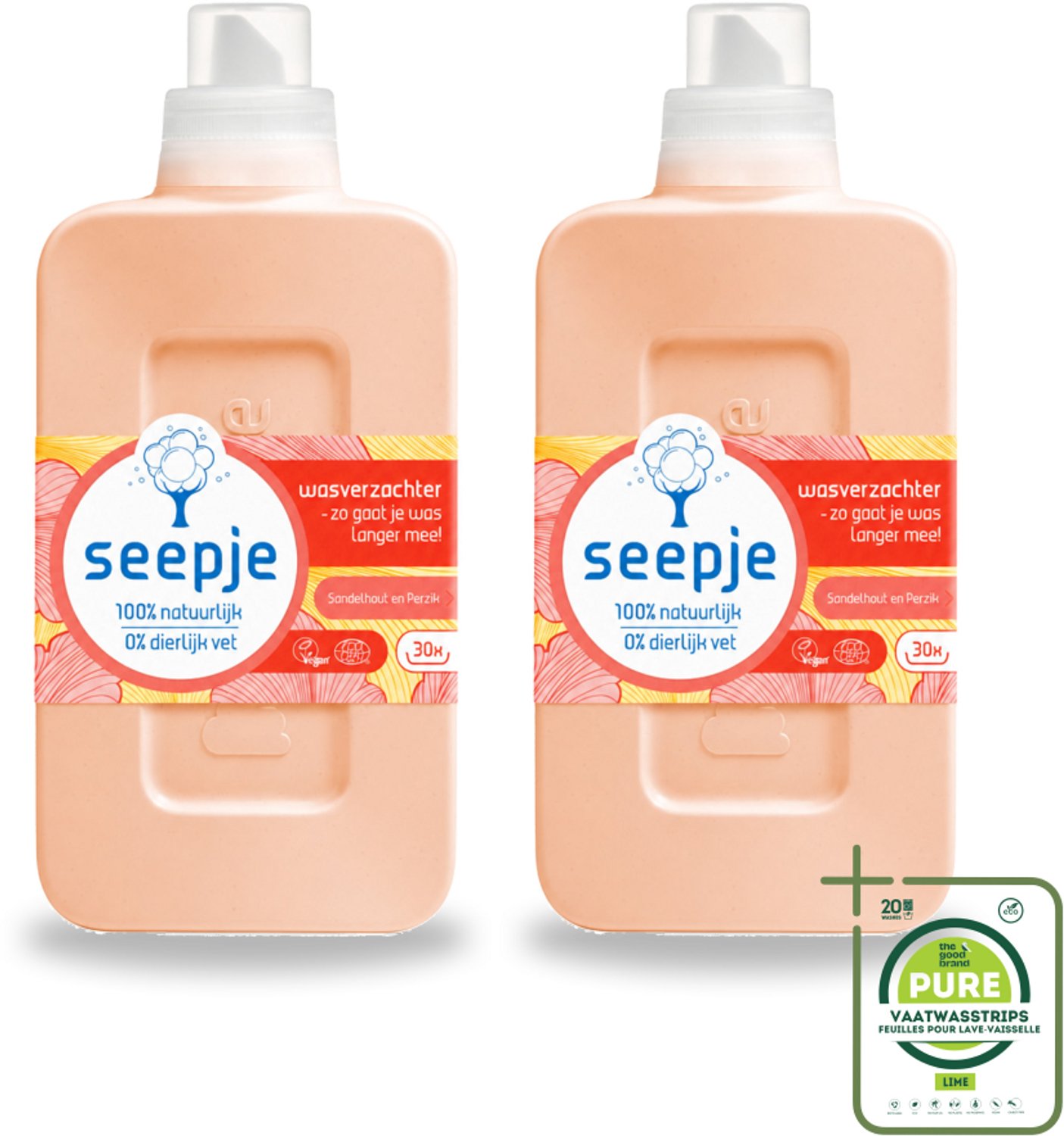 2 x Seepje - Wasverzachter - Verzorgt en Verfrist - Sandelhout en Perzik - 30 Wasbeurten - 750 ml - Grootverpakking - Wasverzachter - Natuurlijke Wasverzachter - Sandelhout En Perzik - Wasverzachter Voor Kleding - Wasverzachter Voor Beddengoed