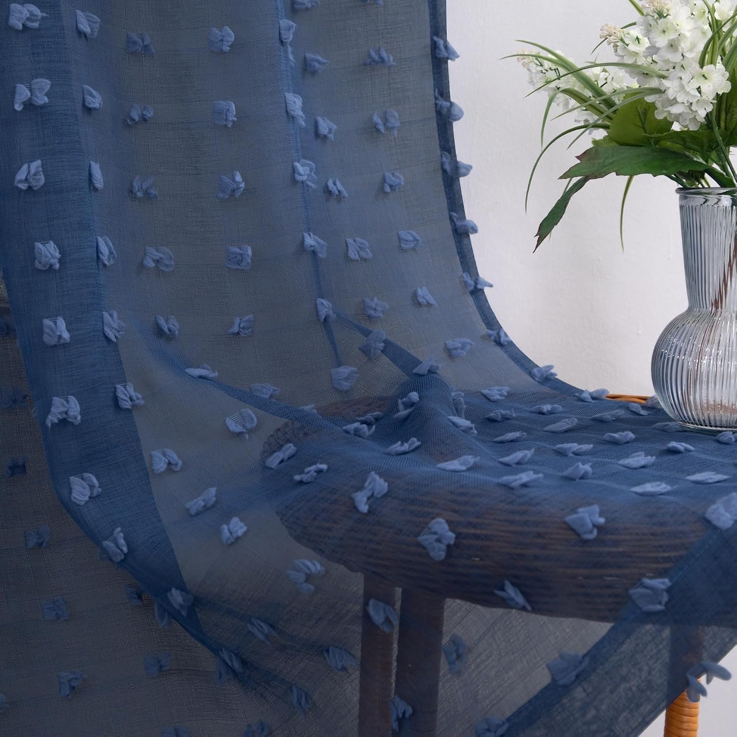 Marineblauwe gordijnen, 213 cm lengte, set van 2 panelen voor jongens- en kinderkamer, boho-decor, gordijnen met ruglus, tunnelkoord, pompon, halfdoorlatend transparant, koningsblauw, voor woonkamer