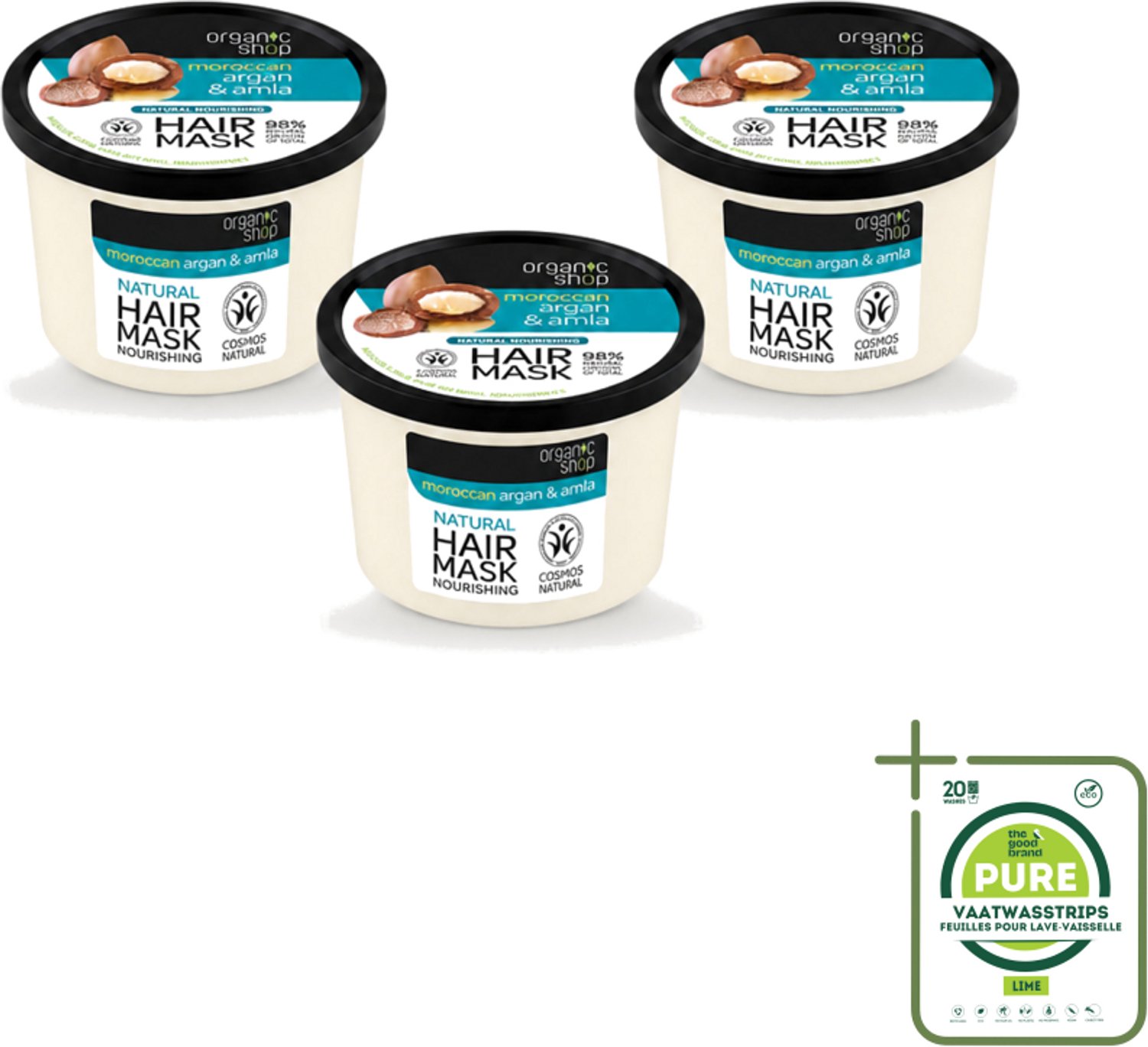 3 x Organic Shop - Haarmasker Argan & Amla - Herstellend en Verzorgend - 250 ml - Grootverpakking - Vaatwasstrips - Haarmasker - Herstel Haar - Natuurlijke Haarmasker - Arganolie - Amla