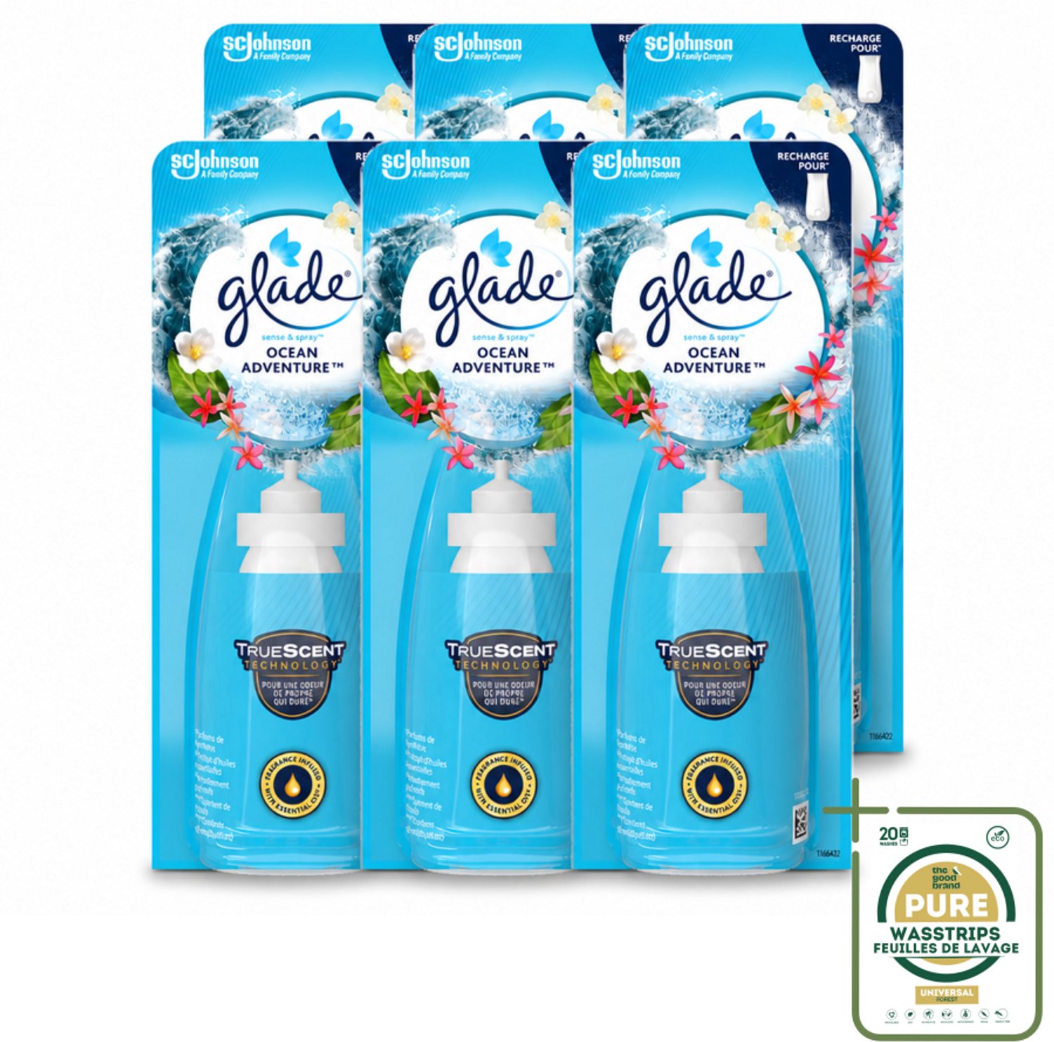 6 x Glade - Sense & Spray - Ocean Adventure - 18 ml - Wasstrips - Luchtverfrisser - Zeegeur - Citrusgeur - Bloemengeur - Automatische Geur