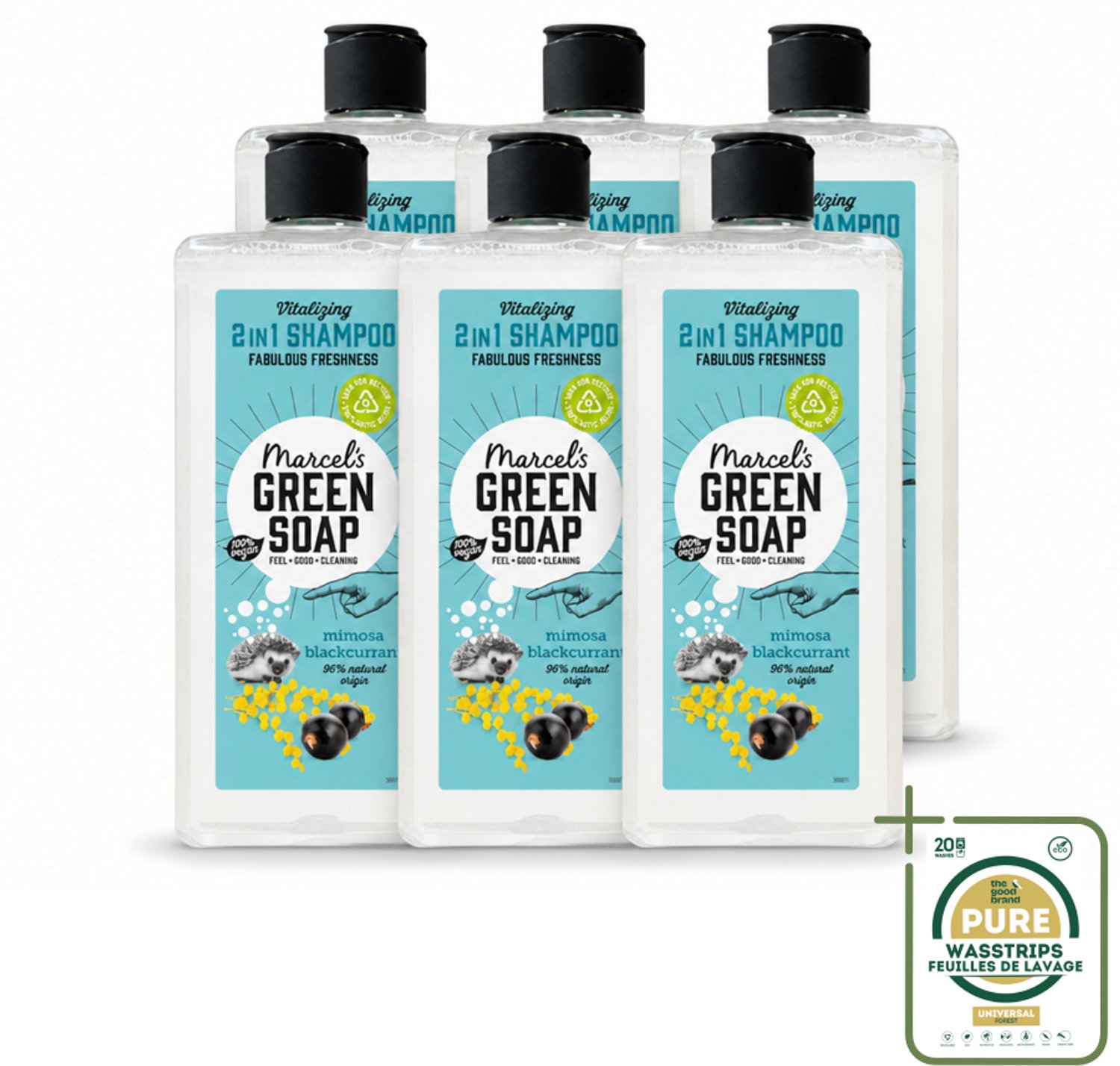 6 x Marcel's Green Soap - Shampoo & Conditioner 2-in-1 - Mimosa & Black Currant - Verzorging in één - 300 ml - Wasstrips - Shampoo En Conditioner - Natuurlijke Haarverzorging - 2 In 1 Shampoo - Haarverzorging - Haar Reiniging