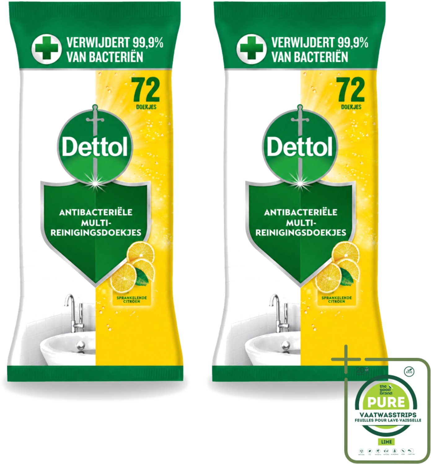 2 x Dettol - Reinigingsdoekjes - Sprankelende Citroen - 99,9% Bacterieverwijdering - 72 Doekjes - Grootverpakking - Reinigingsdoekjes - Hygiëne - Bacteriën - Citroengeur - Schone Omgeving