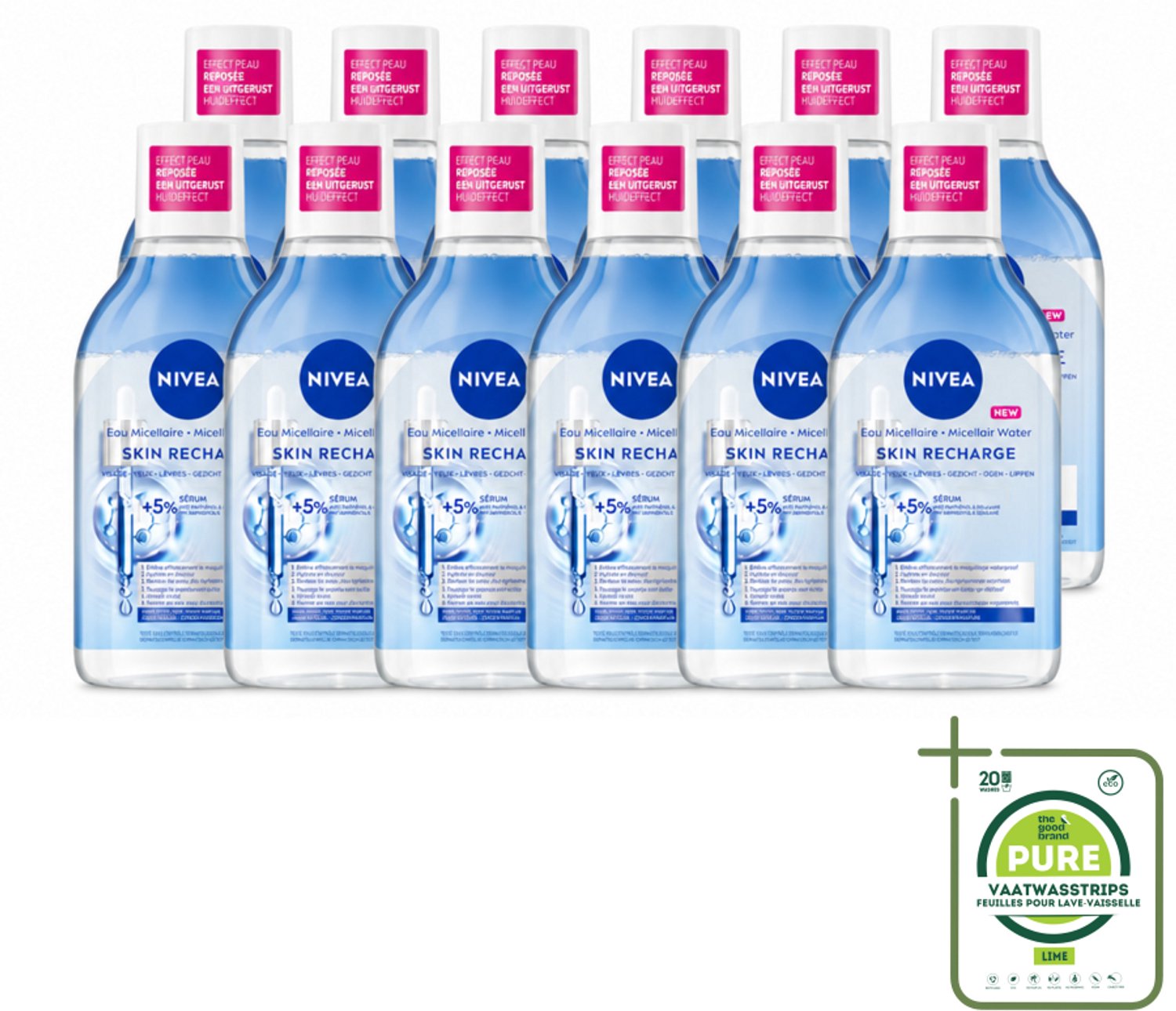 12 x NIVEA - Micellair Water - Serum Verrijkt Opladend - Verwijdert Waterbestendige Make-up - 400 ml - Grootverpakking - Vaatwasstrips - Micellair Water - Gevoelige Huid - Reinigen - Hydrateren - Nachtelijk Herstel