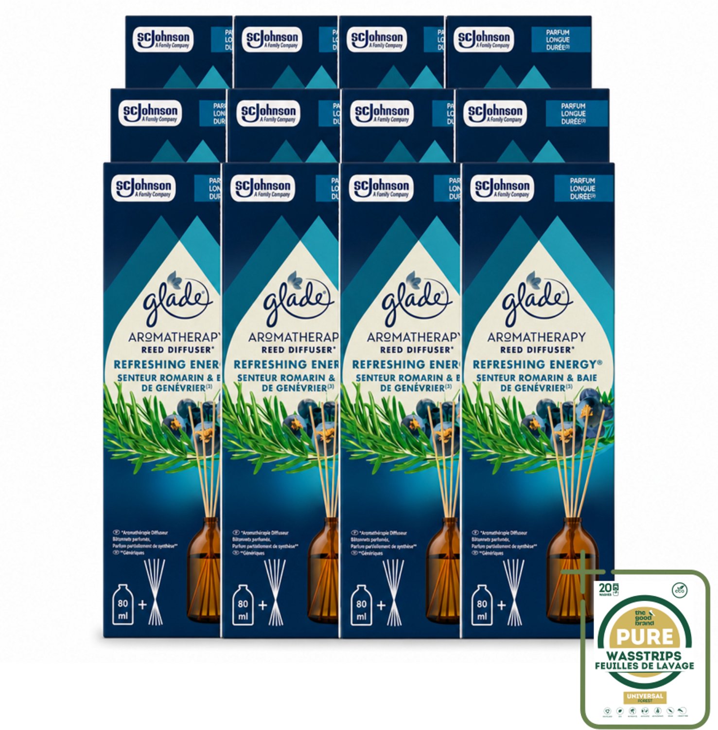12 x Glade - Geurstokjes Verfrissende Energie - Aromatherapie Geurverspreiding - 80 ml - Wasstrips - Geurstokjes - Aromatherapie - Energie - Geurverspreiding - Geur