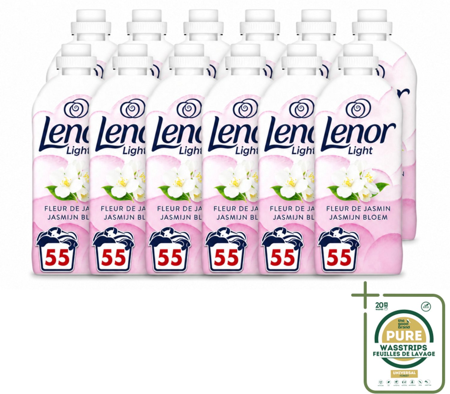 12 x Lenor Light - Wasverzachter - Jasmijnbloem - Fris & Zacht - 55 Wasbeurten - Wasstrips - Wasverzachter - Jasmijn - Frisheid - Wasverzachter Jasmijn - Wasverzachter Voor Kleding
