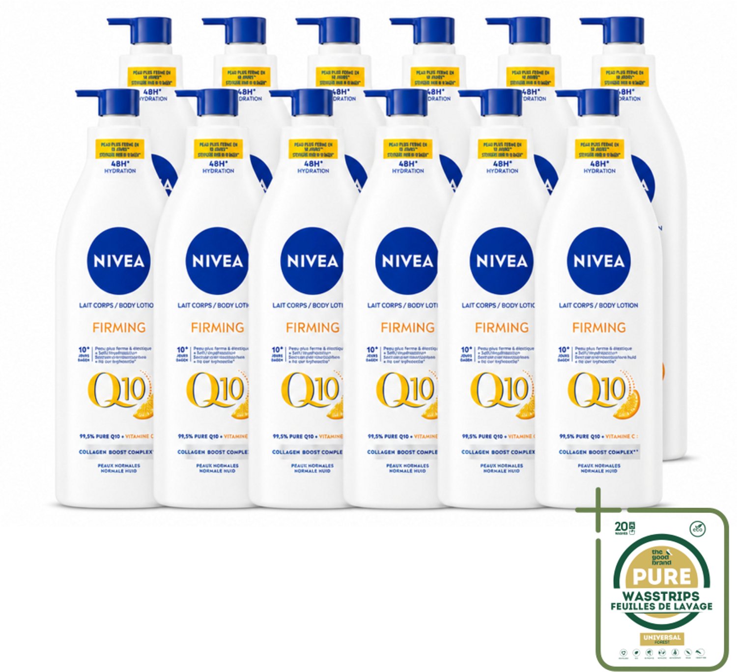 12 x Nivea - Q10 - Verstevigende Bodylotion met Pomp - Vitamine C - 48 uur Hydratatie - Voor Normale Huid - 400 ml - Wasstrips - Verstevigende Bodylotion - Q10 - Vitamine C - Hydratatie - Normale Huid