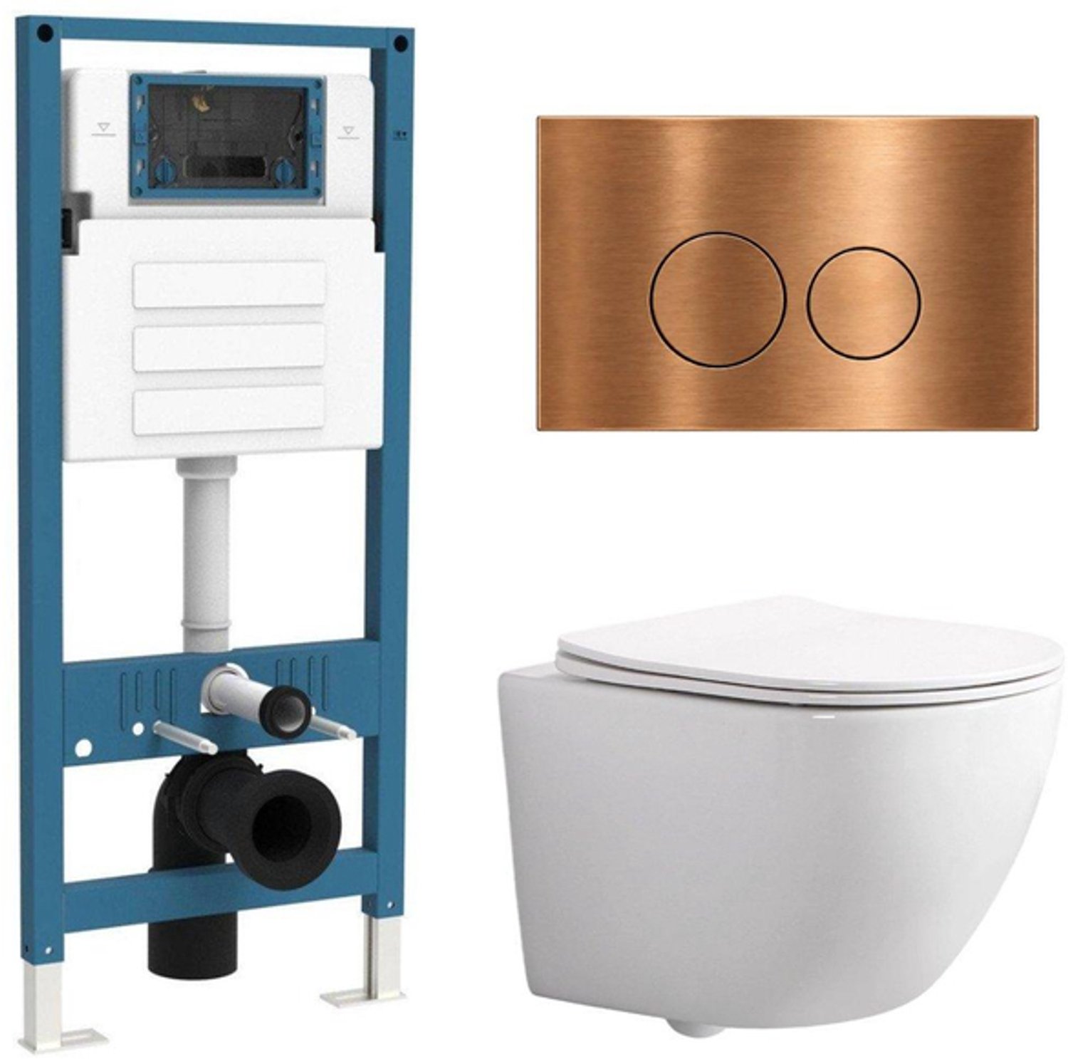QeramiQ Dely Swirl Compact Toiletset - inbouwreservoir QeramiQ flush - slim zitting - metalen bedieningsplaat koper - ronde knoppen - glans wit