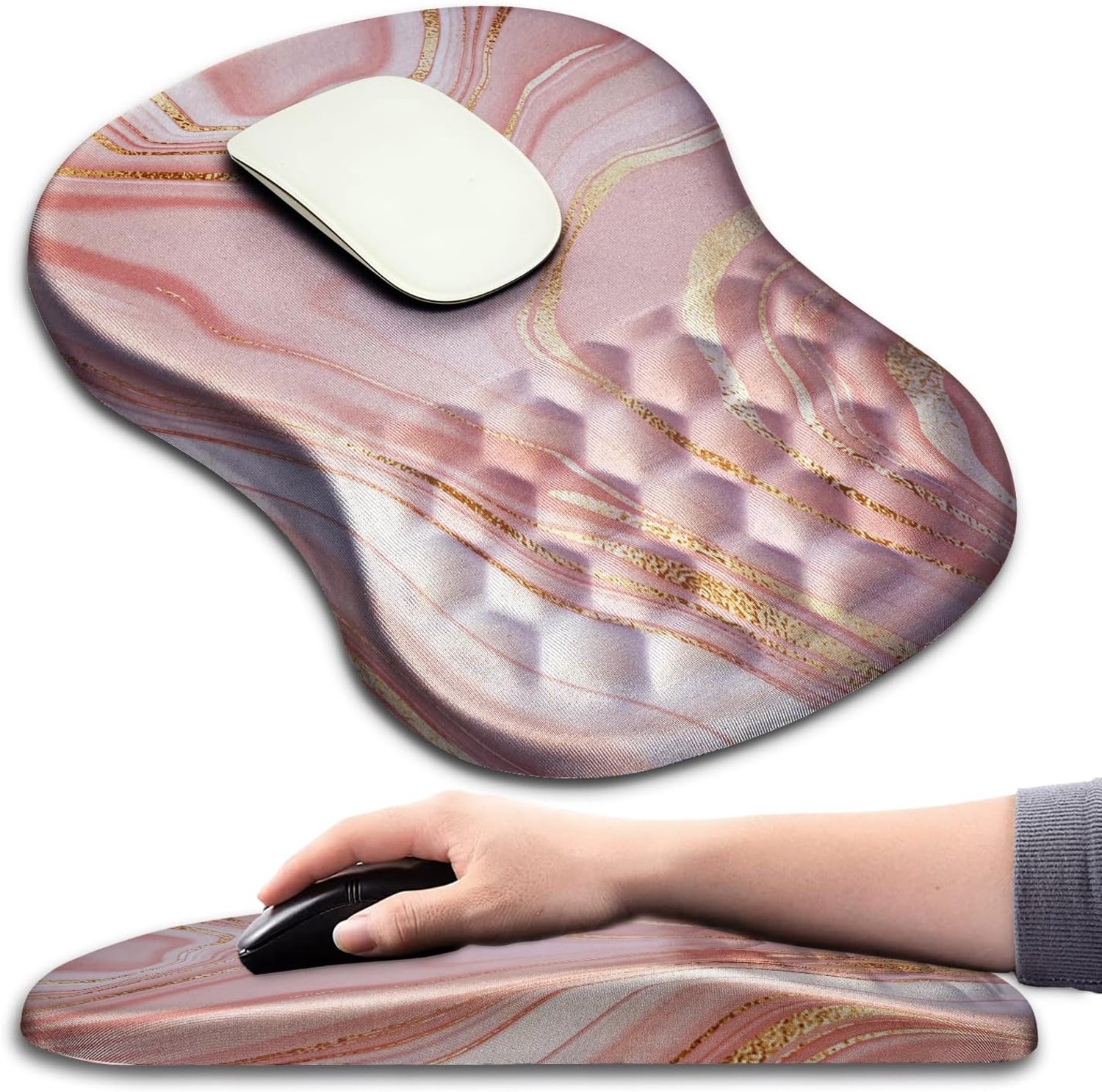 Hokafenle Ergonomische muismat polssteun met massageontwerp, polssteun pijnverlichting muismat met traagschuim en antislip PU-basis, muismatten voor draadloze muis en bureau (30 x 20 cm, roze goud