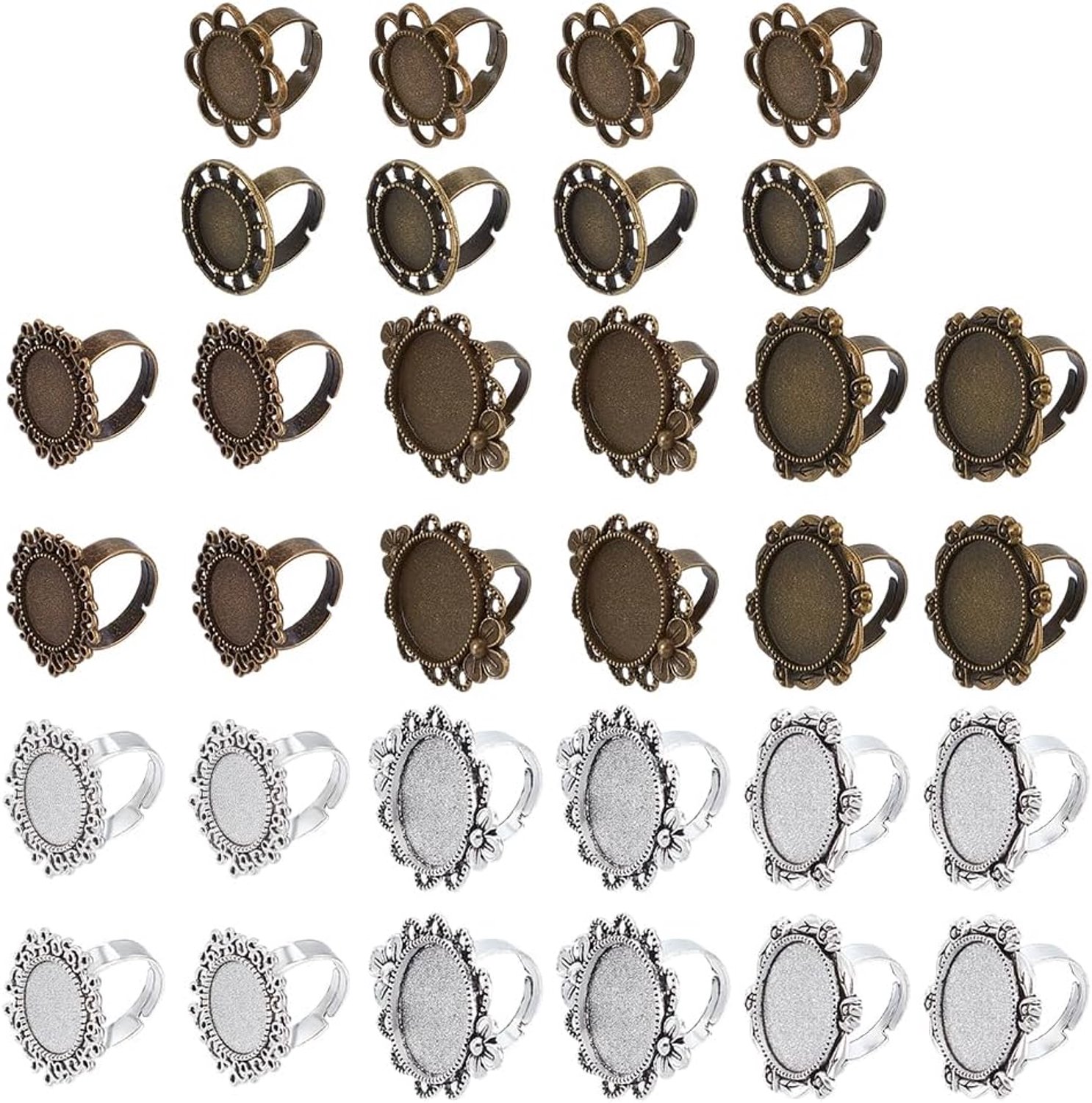 32 Stks Legering Cabochon Bezel Ringen Instellingen 8 Stijlen Vintage Verstelbare Ijzer Bloem Vinger Ring Componenten Bloem Platte Ronde Blanco Base Bezel Lade Voor Sieraden Maken Vrouwen