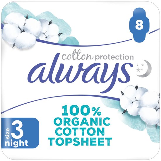 Always Cotton Protection maandverband, maat 3 night, 8 stuks. Met katoen afbeeldingen.