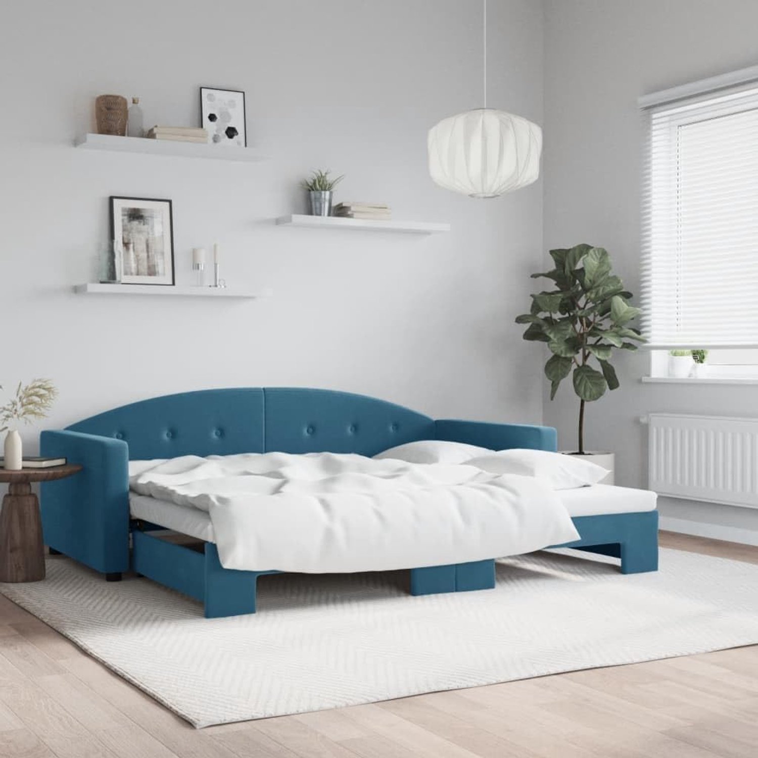 Dagbed, uittrekbaar bedframe, blauw, 90 x 200 cm, fluweel, voor woonkamer, hotel, slaapkamer