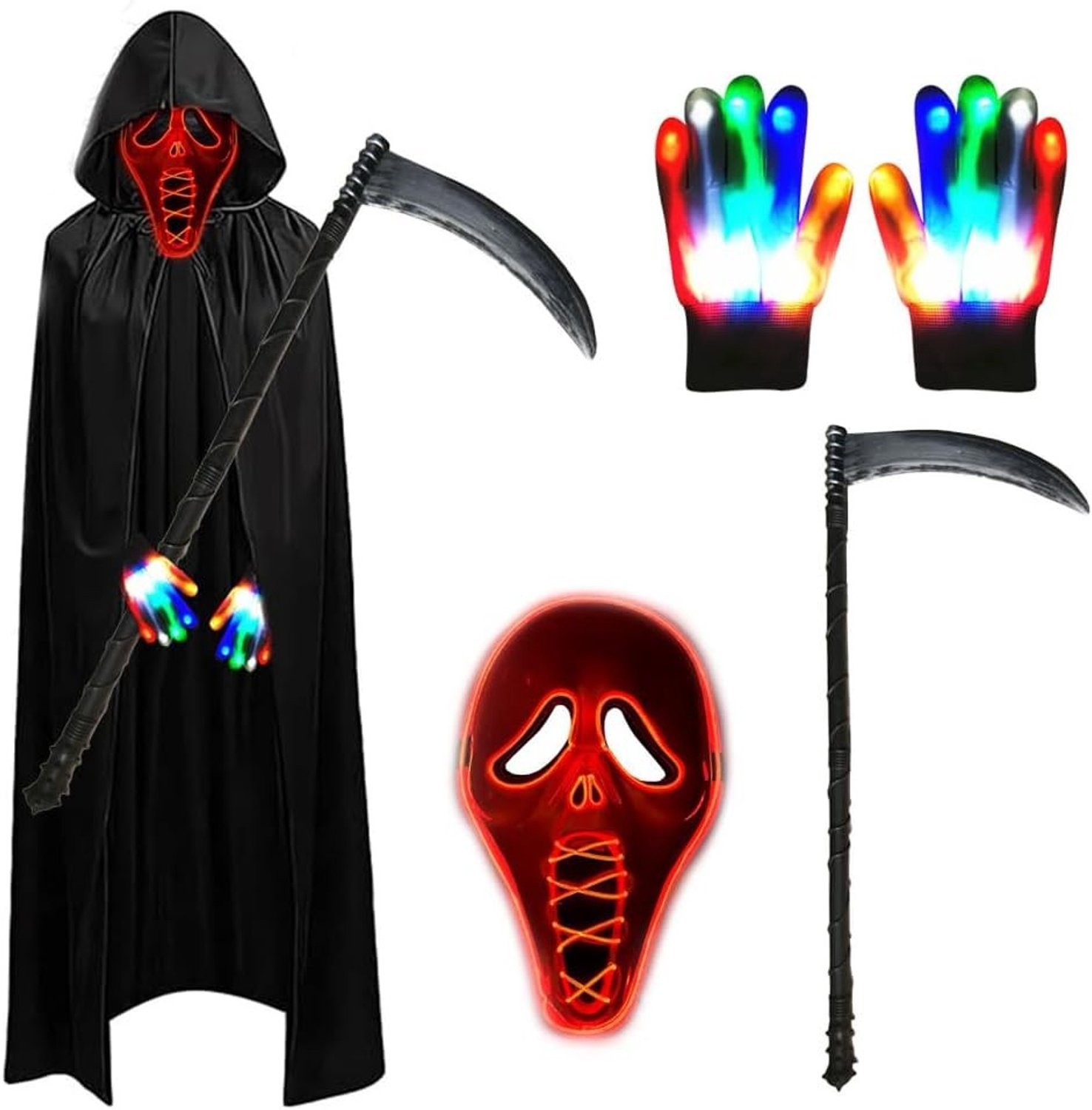 Halloween Kostuum Set voor Jongens en Volwassenen, Sensenman Outfit met Luminous Masker, Cape en Glowe Handschoenen voor Feest, Carnaval en Cosplay