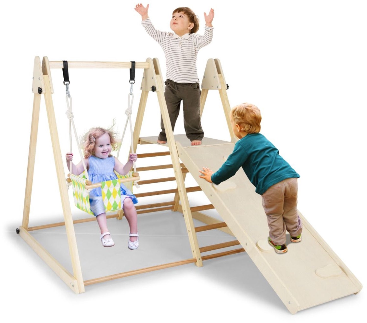SureDeal® - Speelgoed - Indoor Klimrek Speeltuin - Babyschommel Rustplatform Klimhelling - Ladder Montessori Klimsets - 185x120x115 cm - Naturel
