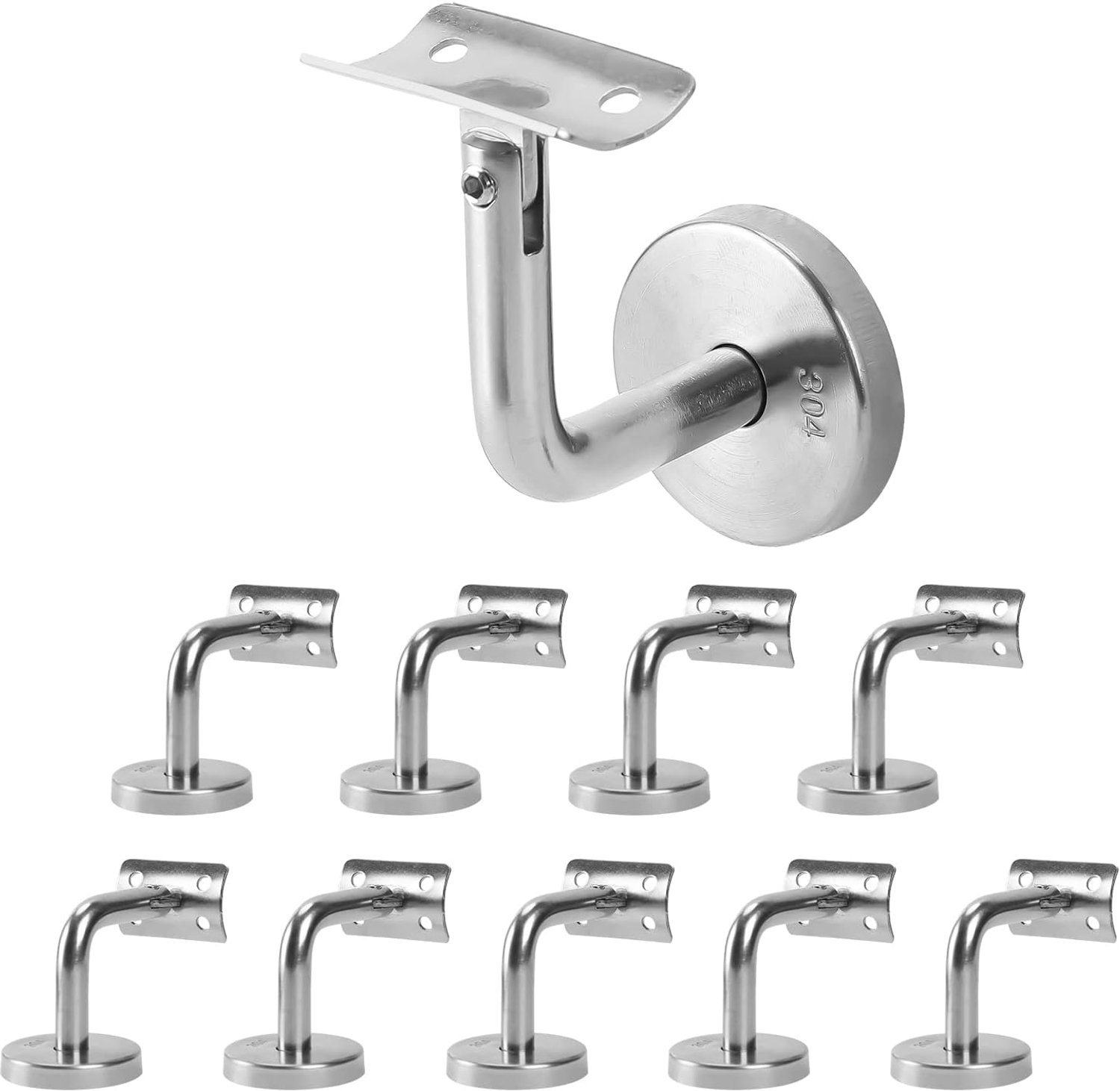 Leuninghouders, 10 stuks, roestvrij staal, 90° roestvrij staal, met afdekrozet, voor binnen- en buitenwandbevestigingen, leuningsteun, zilver