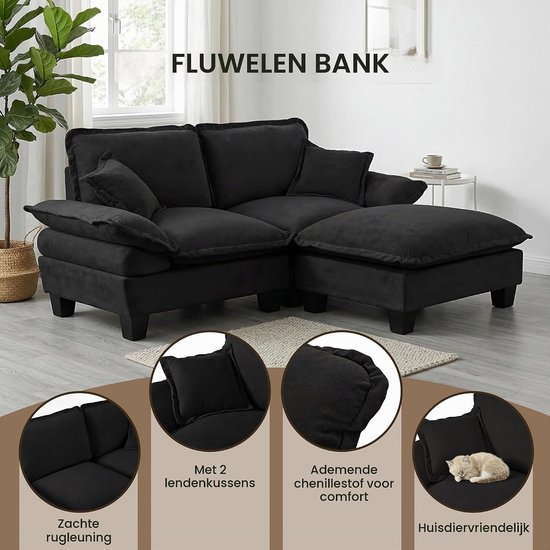 Cloud Sofa Modulaire L-vormige hoekcanapé van chenille Modern designbank met 2 kussens voor salon en appartement 2 zits + 1 (zwart, 2 zits + 1) — afbeelding 2