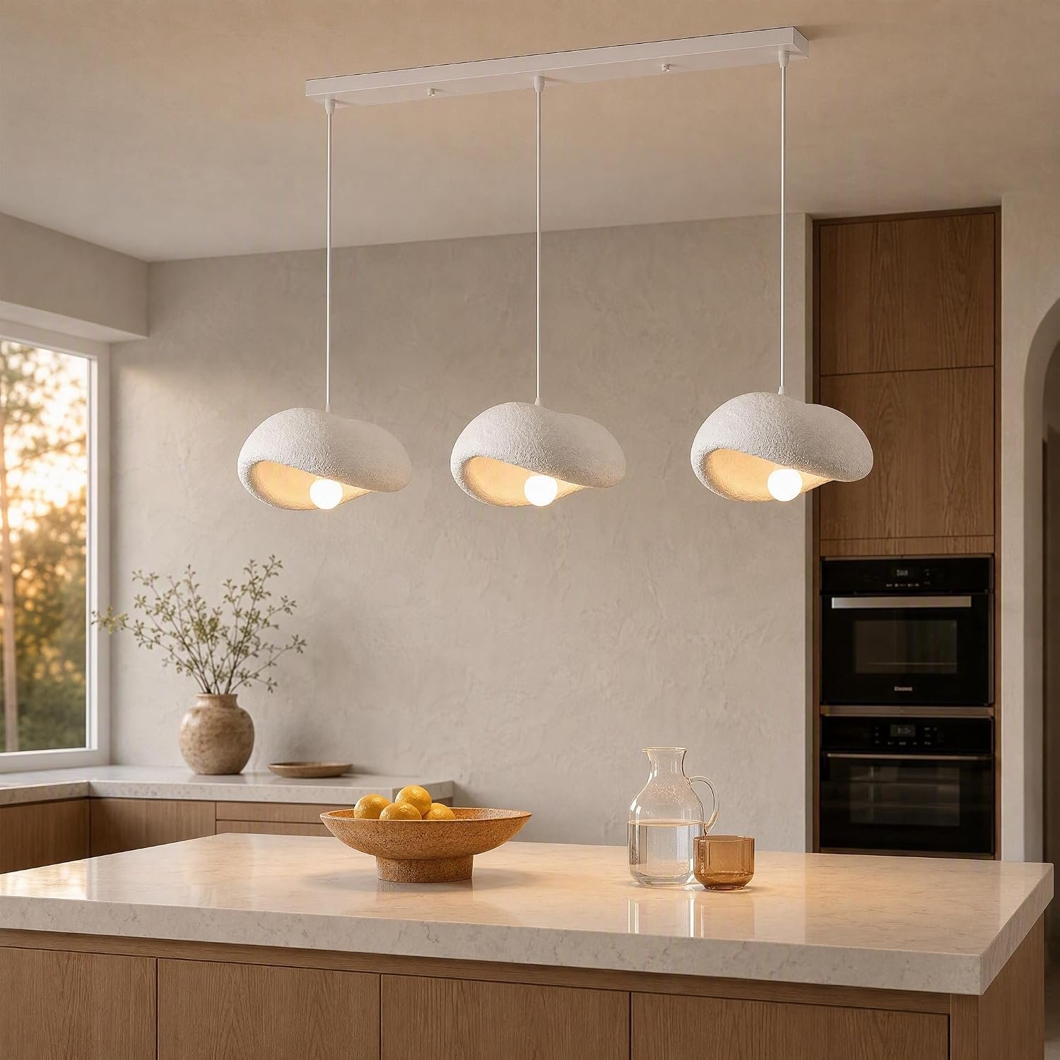 Wabi-sabi-stijl hanglamp, 3-lichts, moderne E27-hanglamp, Japanse witte kroonluchter, lampenkappen voor woonkamer, slaapkamer, hal, ijdelheid, keuken, eilandtrappen (rechthoekig)