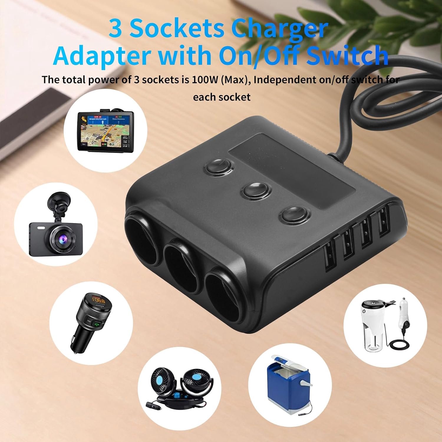 3-weg auto-voedingsadapter splitter, sigarettenaansteker Socket Expander met 4 USB-oplaadpoorten en batterijspanningsmonitor