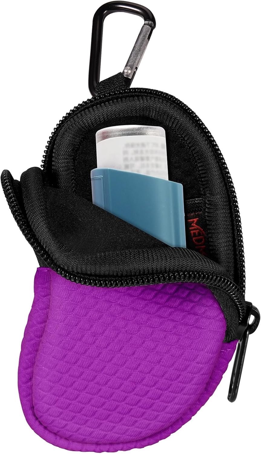Neopreen inhalerhouder voor astma, beschermende en draagbare tas met karabijnhaak, lichtgewicht en praktisch met mesh zakje voor inhalator, paars