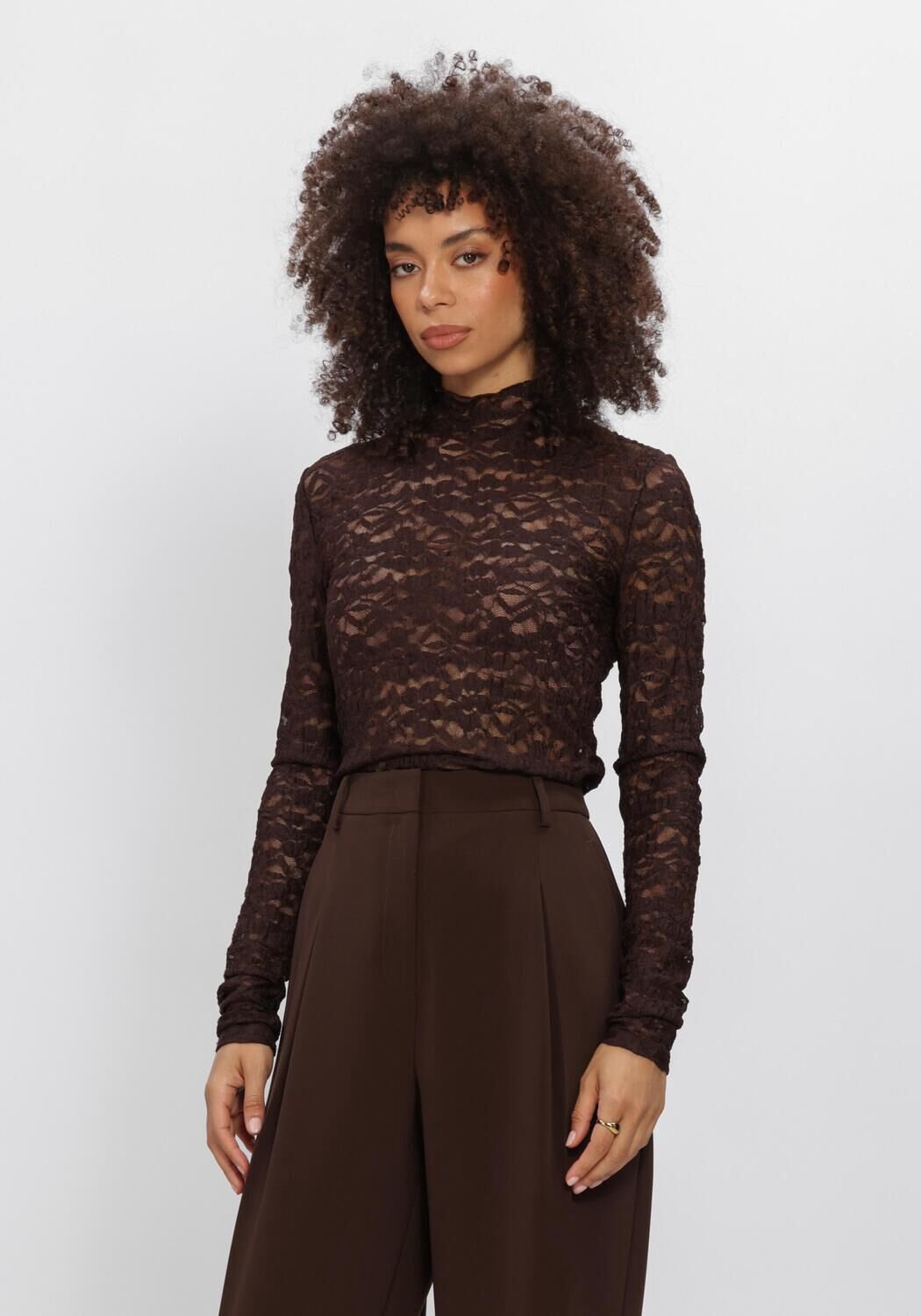 DANTE6 Irony Lace Turtle Neck Top Dames - Topjes - Bruin - Maat L