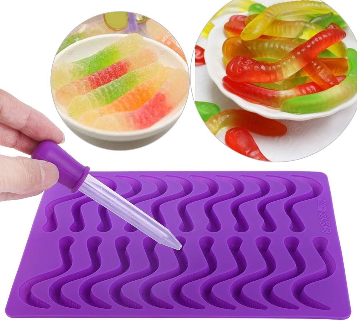 Gummy 20 vakken Gummy Aardworm Kleine Snake Silicone voor Chocolade Snoep Gummy Cake met Dropper Paars