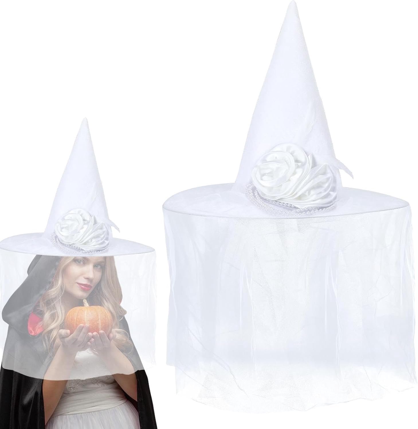 Witte heksenhoed voor dames, cosplay feestkostuum, hoofddeksel met sluier