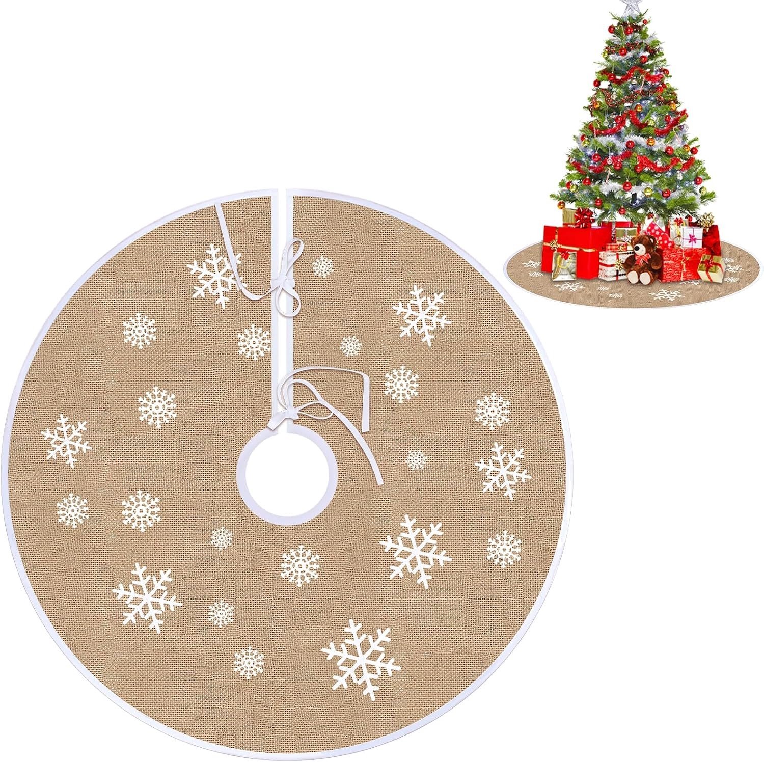 Ronde Kerstboomrok van Linnen met Sneeuwvlokken, 80 cm, Perfect voor Kerstdecoratie en Gezellige Feestdagen