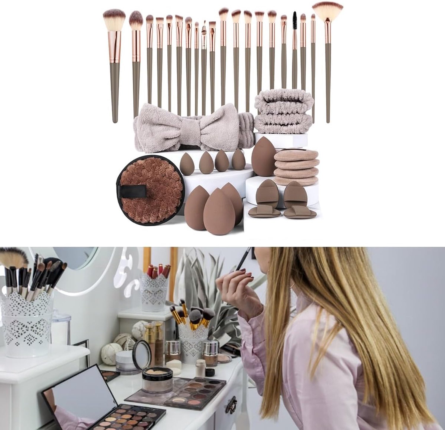 Grobo 40x Make-up Kit Borstels Sponzen Puffs Hoofdbanden Volledige Gezicht Cosmetische Hulpmiddelen voor Reizen