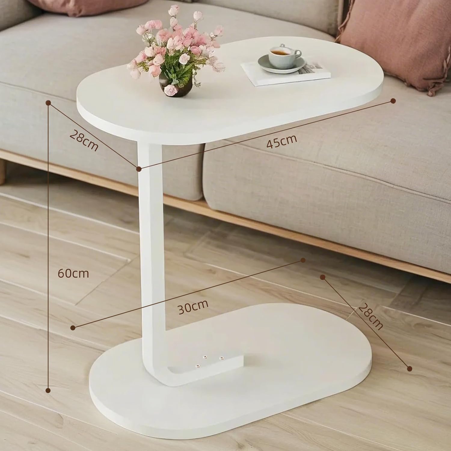 OKWISH Bijzettafel – C-Vorm Voor Bank en Bed –45 x 28 x 60 cm – Hout – Wit – Voor Woonkamer en Slaapkamer – Met Vloerbeschermende Poten