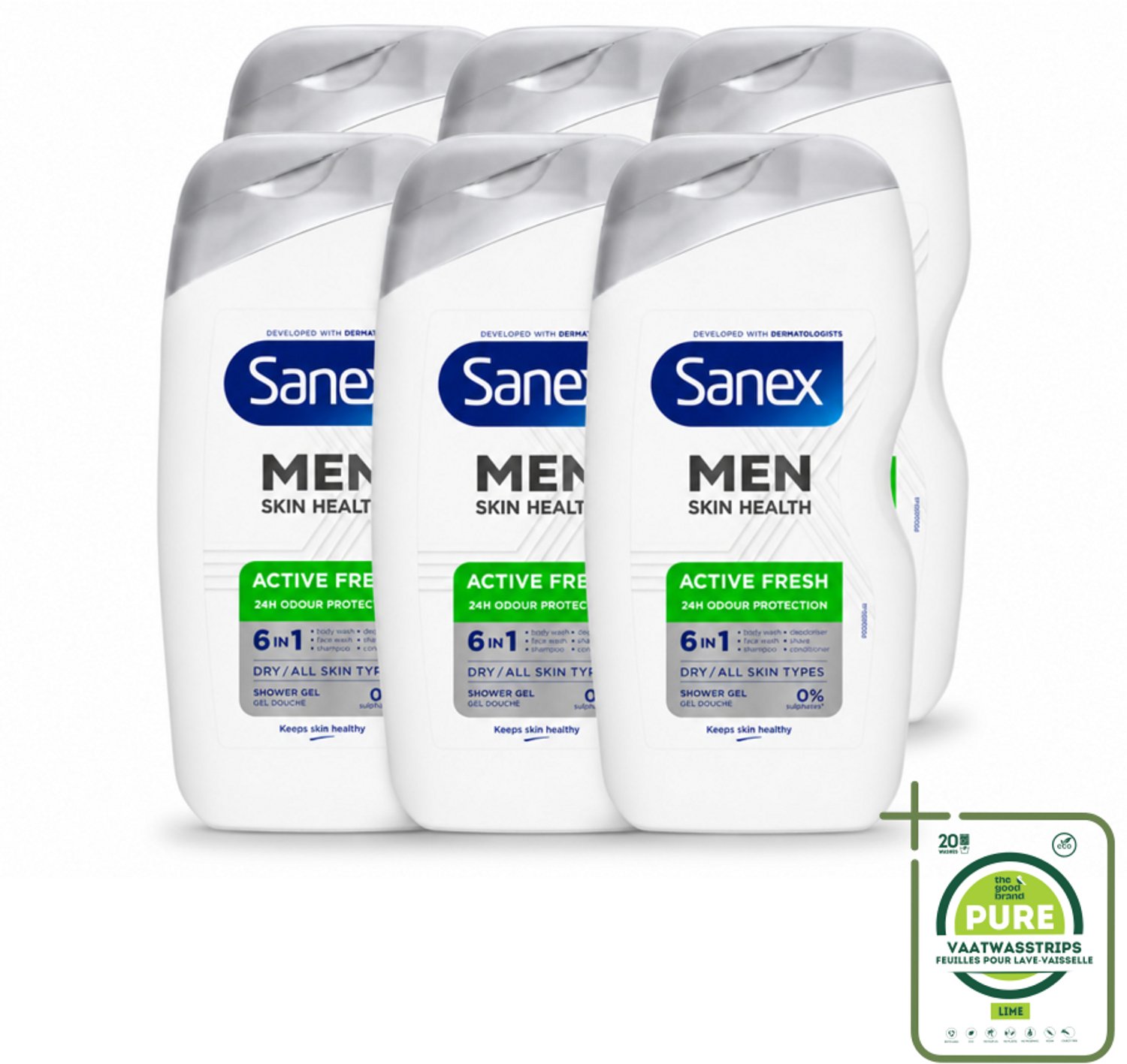 6 x Sanex – Douchegel – Men Active Fresh – 400 ml - Grootverpakking - Vaatwasstrips - Douchegel Voor Mannen - Frisheid - Geurcontrole - Huidverzorging - Scheergel