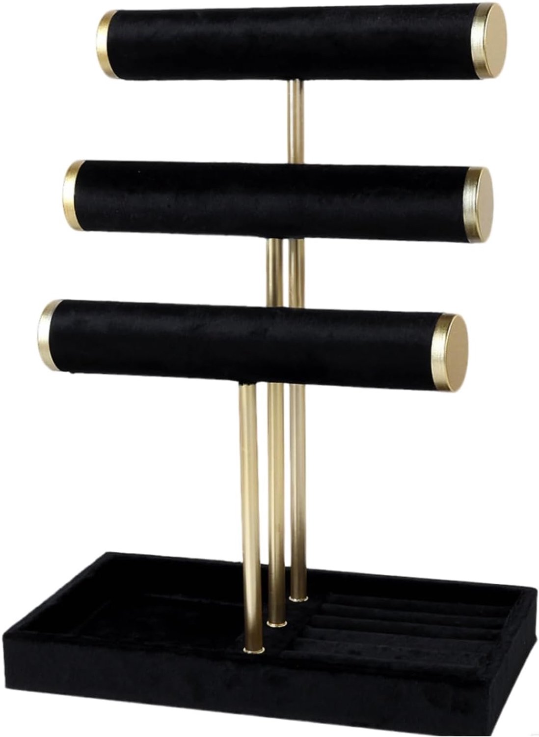 Sieradenstandaard, 3 niveaus, zwart, sieradenhouder, fluweel, kettingstandaard, 3 niveaus met dienblad, sieradenstandaard, zwart met afneembare T-brug voor armbanden, halskettingen, horloges