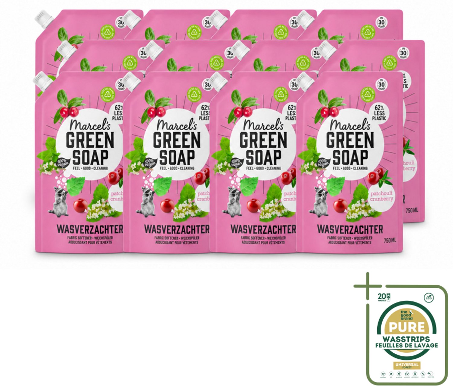 12 x Marcel’s Green Soap – Wasverzachter – Patchouli & Cranberry - Navulling – 750 ml - Wasstrips - Wasverzachter - Wasverzachter Navulling - Wasverzachter Patchouli - Wasverzachter Cranberry - Wasverzachter Voor Kleding