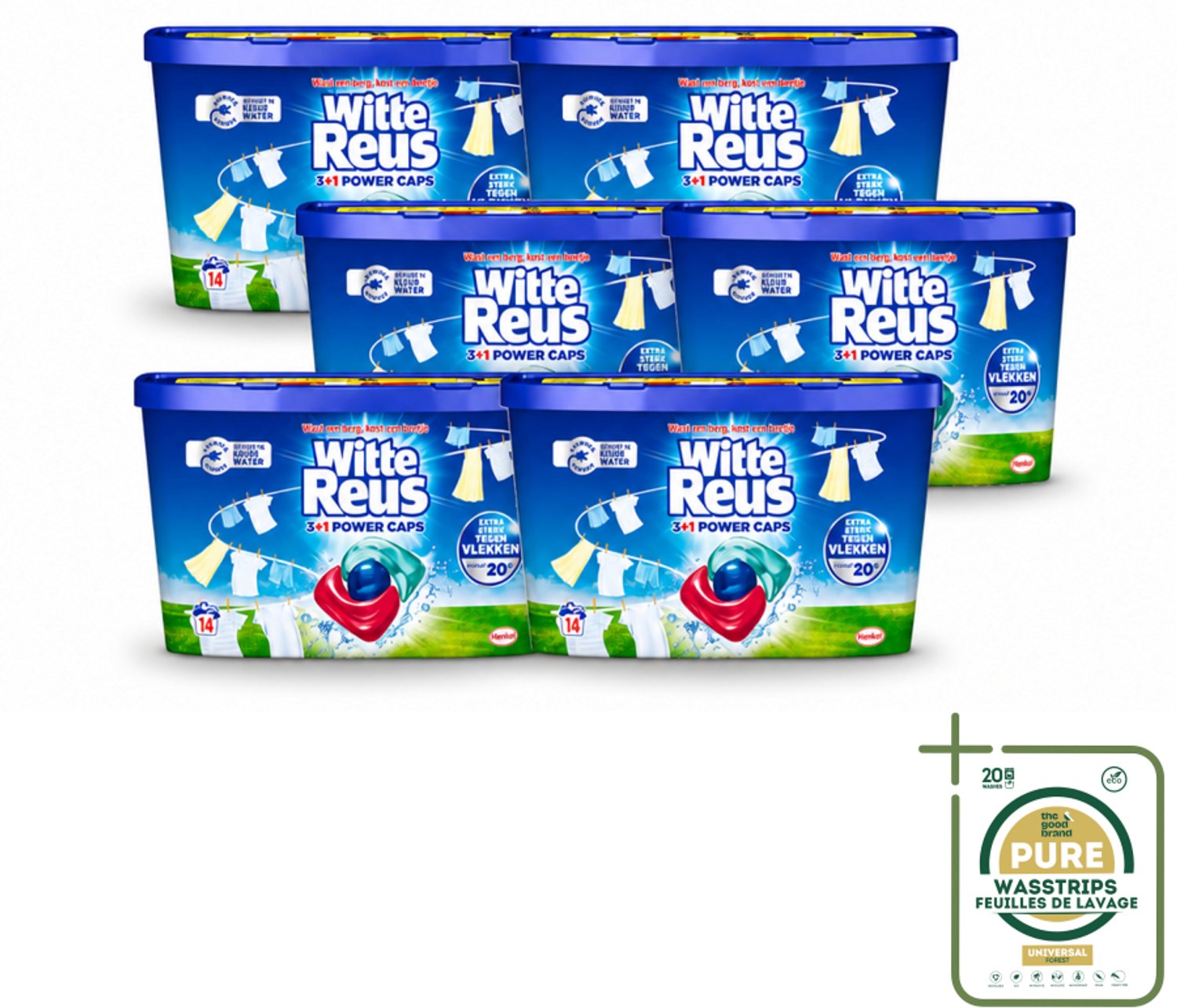 6 x Witte Reus - Wasmiddel - Power Caps 3+1 - 14 Capsules - Wasstrips - Wasmiddel - Power Caps - Witmaken - Wasresultaat - Wasgoed