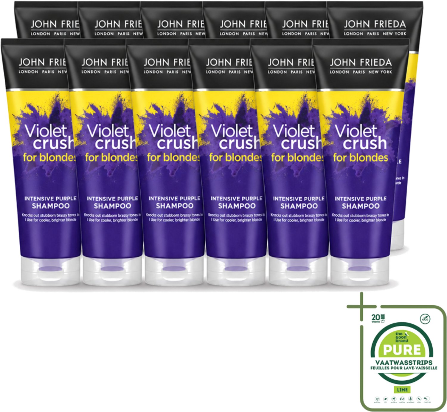 12 x John Frieda – Shampoo – Sheer Blonde Violet Crush Intensive Purple – Tegen gele ondertonen – 250 ml - Grootverpakking - Vaatwasstrips - Gele En Oranje Tonen Neutraliseren - Zilvershampoo - Platinum Finish - Kleurcorrectie - Blond Haar