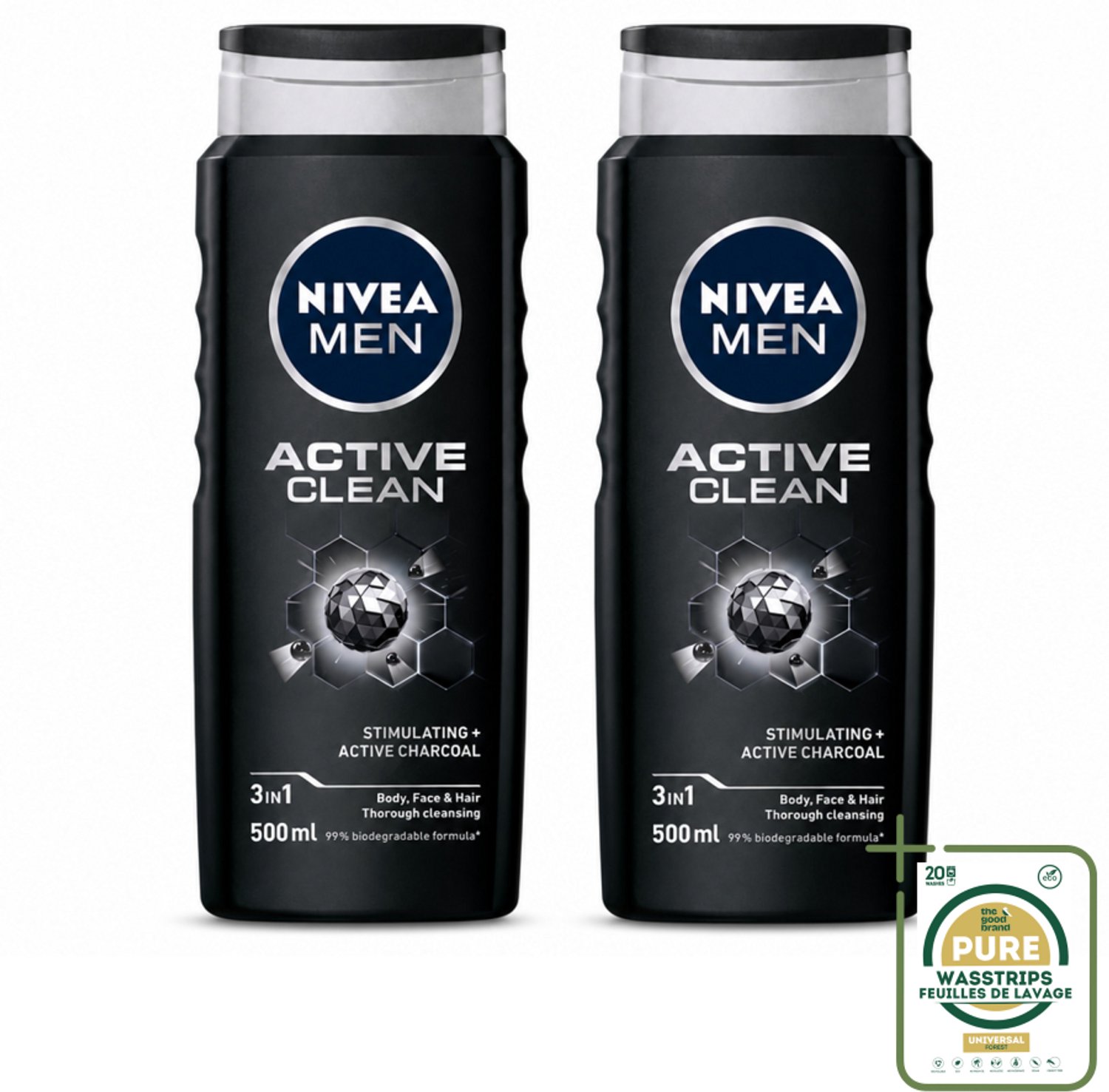 2 x NIVEA MEN - Douchegel - Active Clean - 500 ml - Wasstrips - Douchegel Mannen - Actief Houtskool - Reiniging Lichaam - Reiniging Gezicht - Reiniging Haar