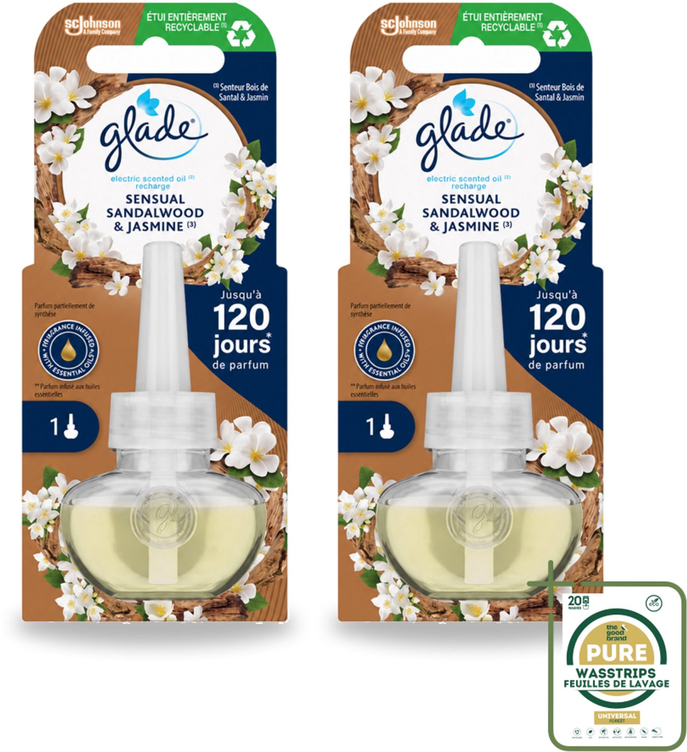 2 x Glade - Navulling Elektrische Olie - Sensual Sandelhout Jasmijn - 20 ml - Geur - Luchtverfrisser - Elektrische Geur - Sandelhout - Jasmijn