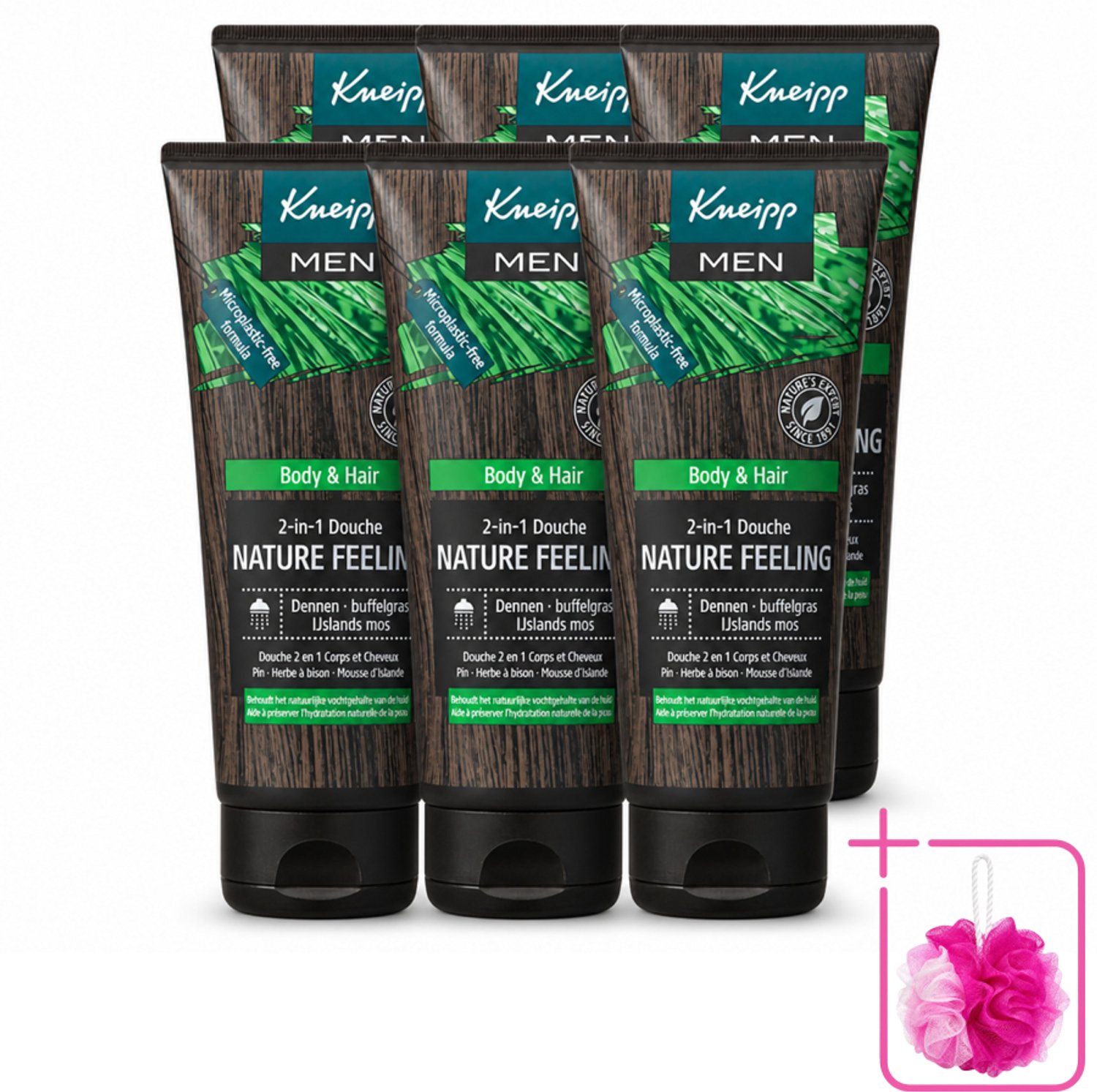 6 x Kneipp - Douchegel - Men - Nature Feeling - 2-in-1 - 200 ml - Bulkverpakking - Douchegel voor mannen - Douchemop - Natuurlijke douchegel